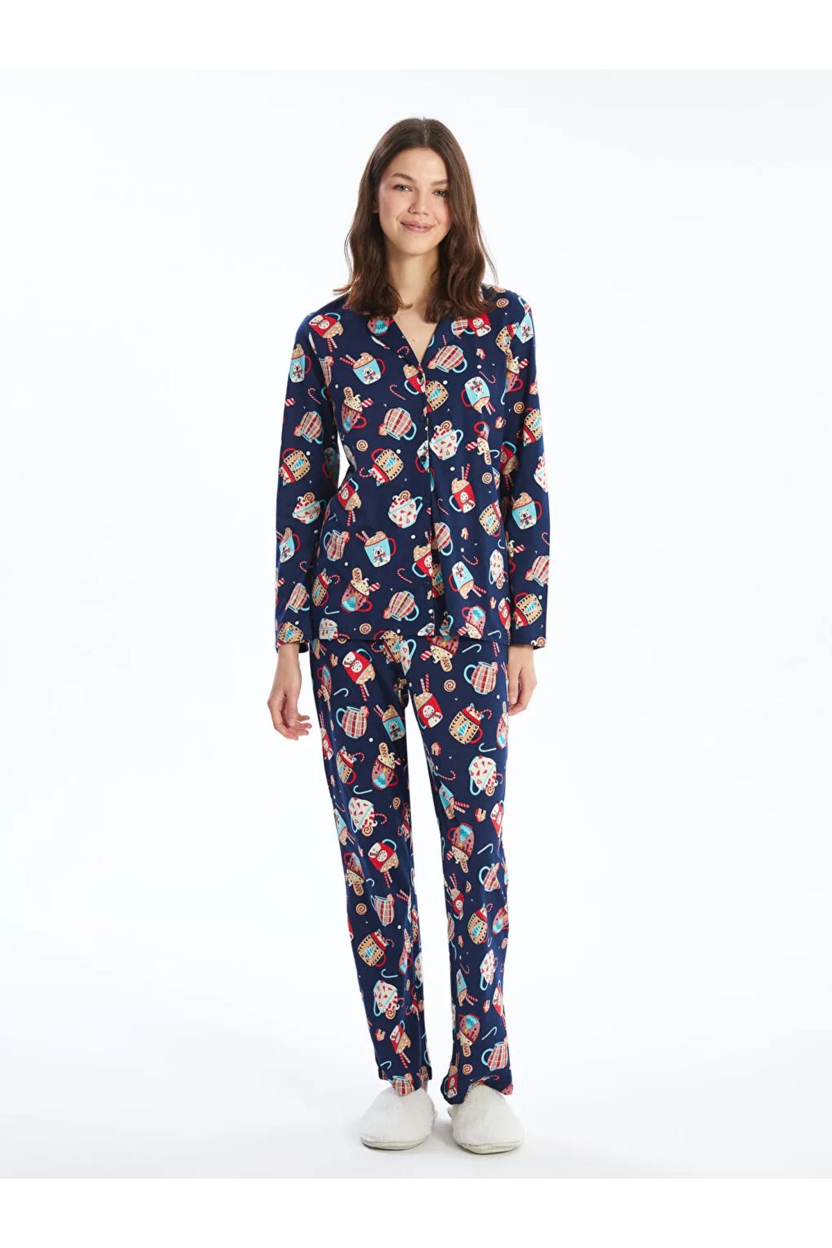 LC Waikiki-Lcw Young Navy Blue Shirt Collar Printed Women's Pajamas Set 2