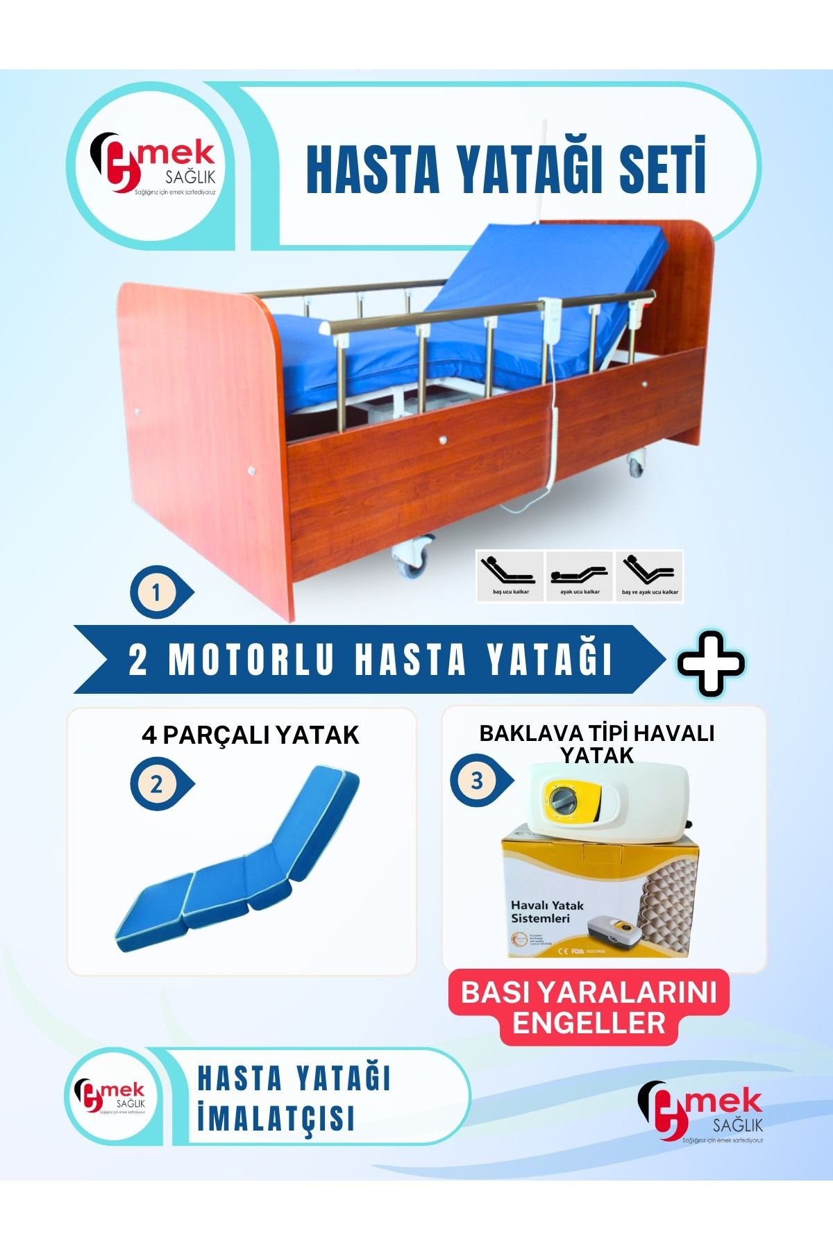 emek sağlık 2 Motorlu Ahşap Hasta Karyolası + 4 Parçalı Yatak + Baklava Tipi Havalı Yatak Takım