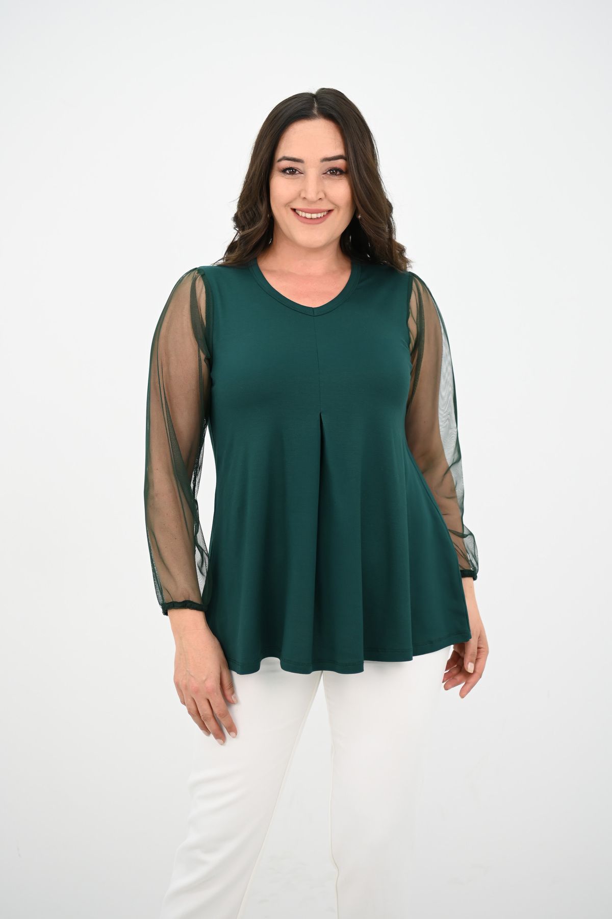 Koza Butik-Women's Plus Size Pleated V Neck Tulle Detail Blouse 1857-25 1