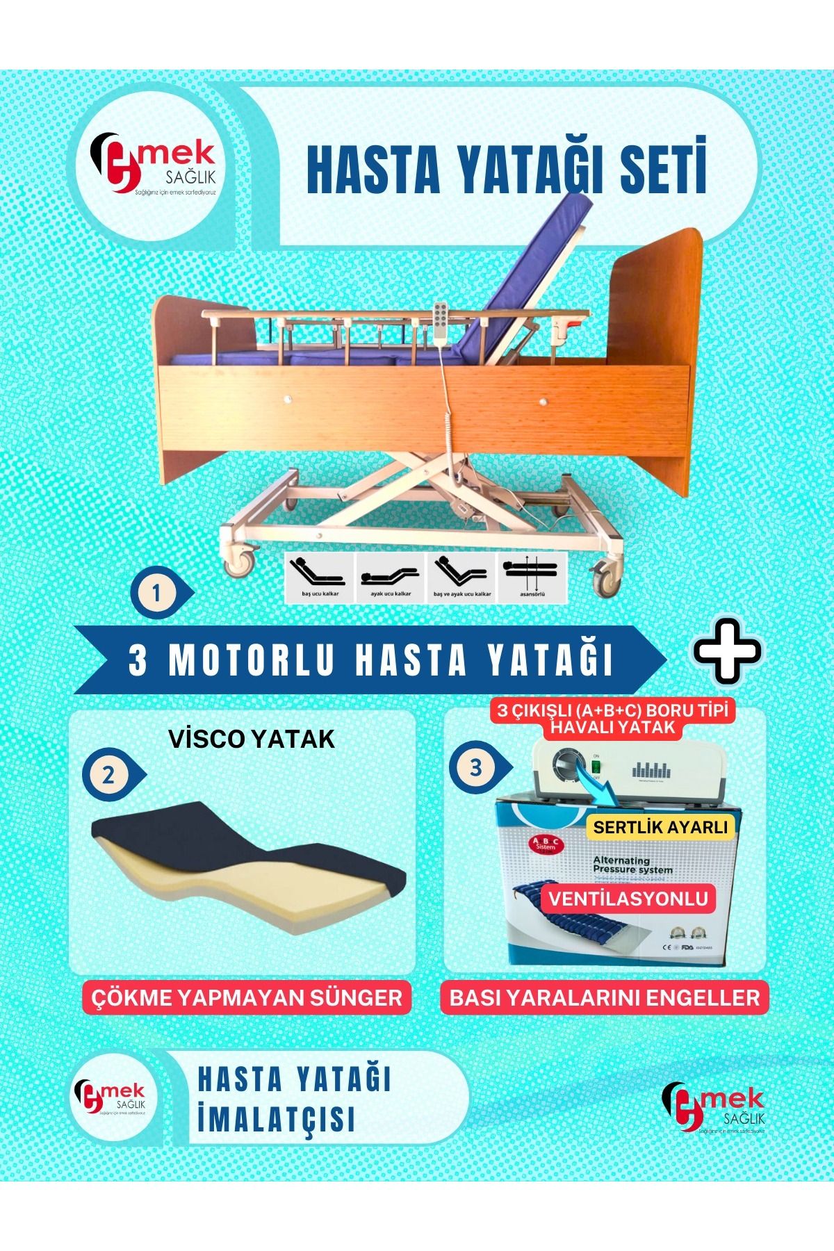 emek sağlık 3 Motorlu Ahşap Hasta Karyolası + Visco Yatak + 3 Çıkışlı ABC Boru Tipi Havalı Yatak Set