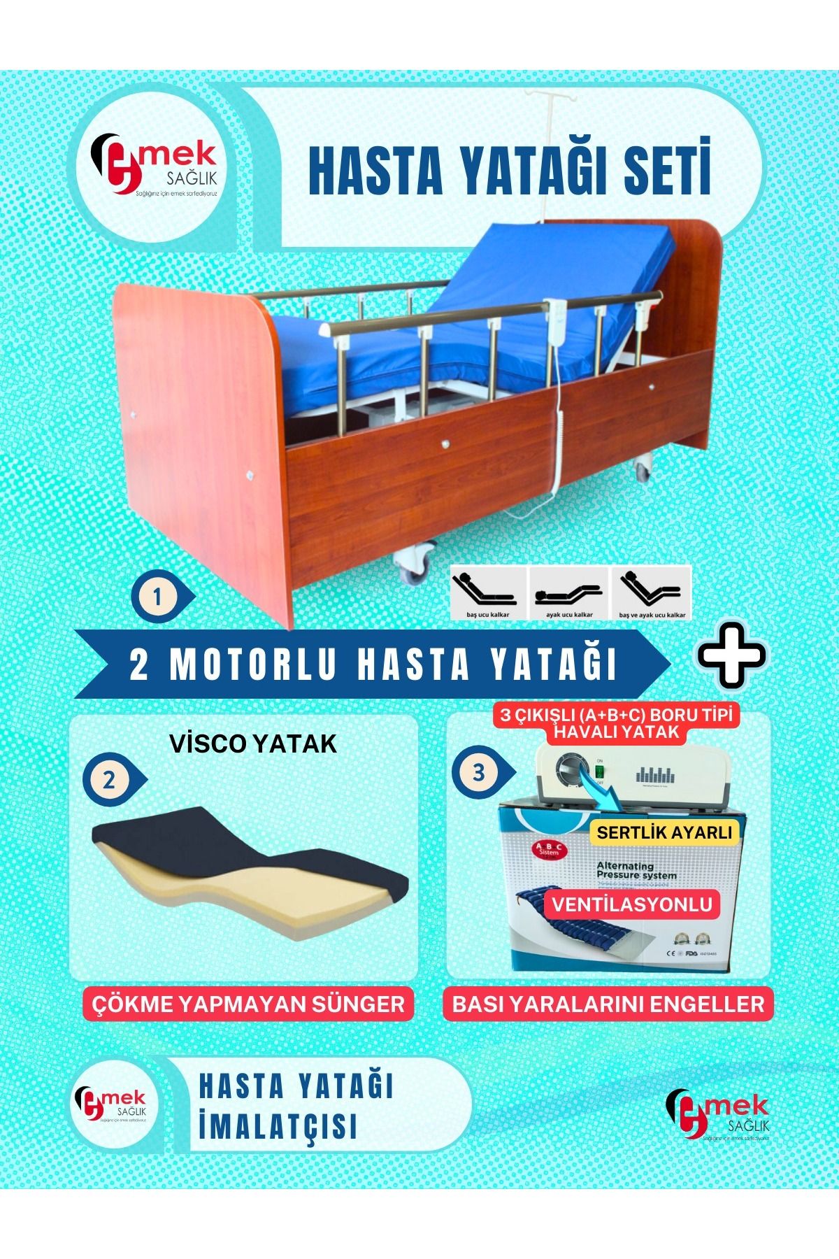 emek sağlık 2 Motorlu Ahşap Hasta Karyolası + Visco Yatak + 3 Çıkışlı ABC Boru Tipi Havalı Yatak Takım