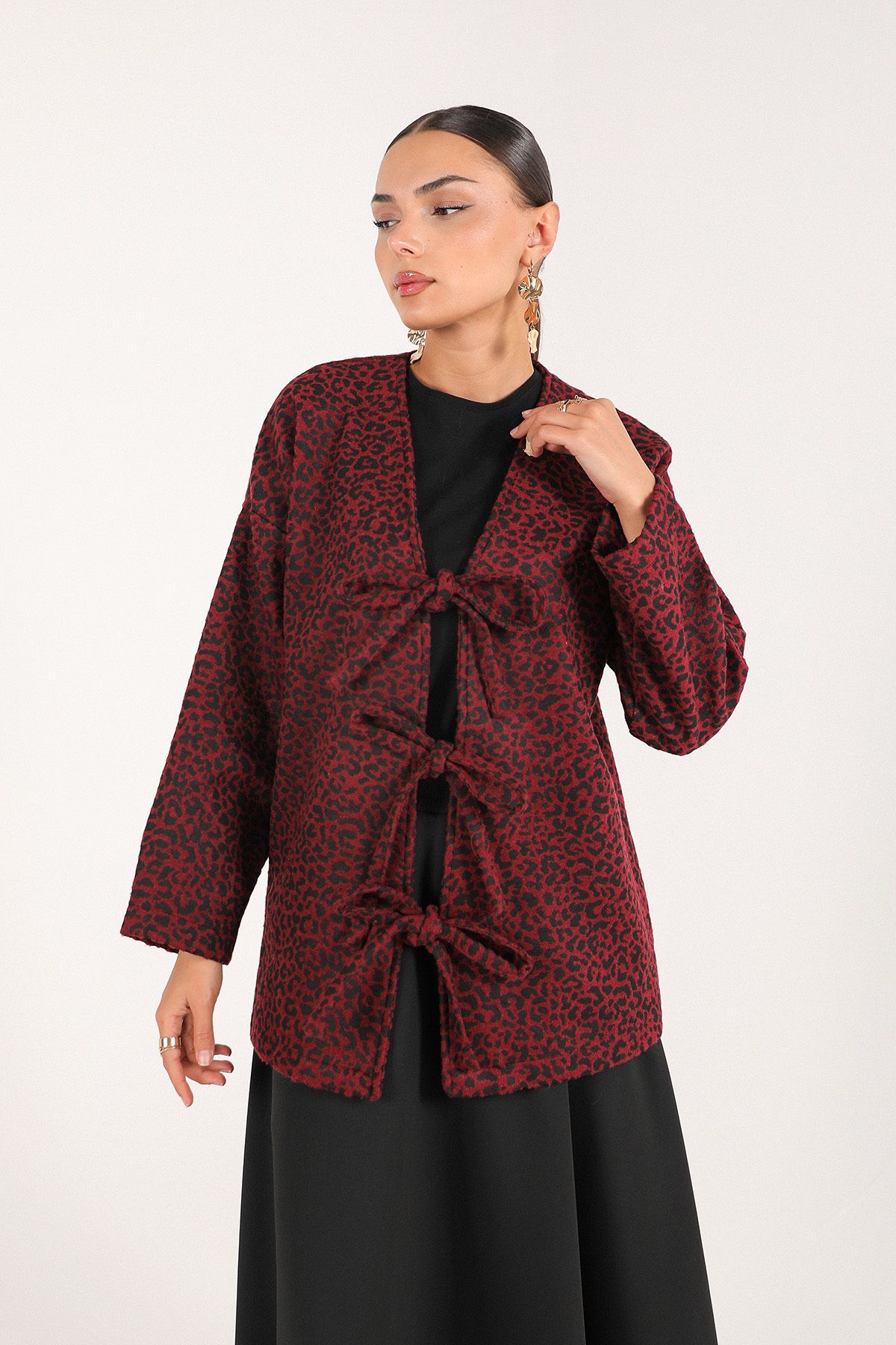 Melike Tatar-Leopard Patterned Claret Red Cap - 6-7049 4