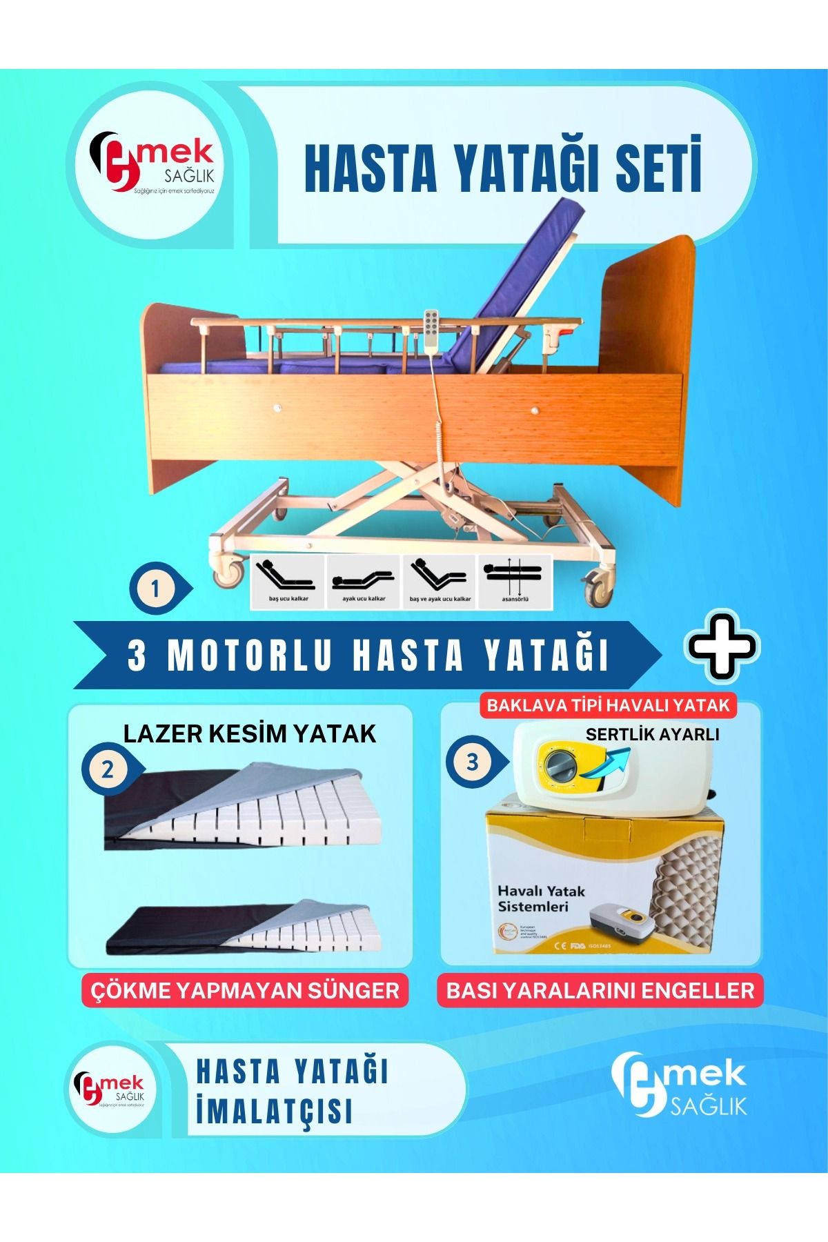 emek sağlık 3 Motorlu Ahşap Hasta Karyolası + Lazer Kesim Yatak + Baklava Tipi Havalı Yatak Set