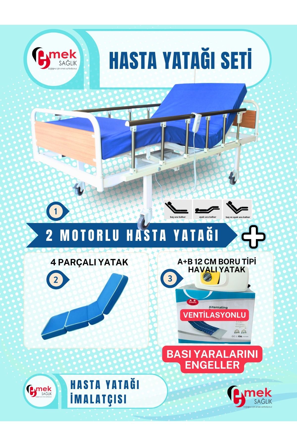 emek sağlık 2 Motorlu MDF Başlıklı Tabanca Korkuluklu Hasta Yatağı+4Parçalı Yatak+A+B12cm Boru Tipi HavalıYatak