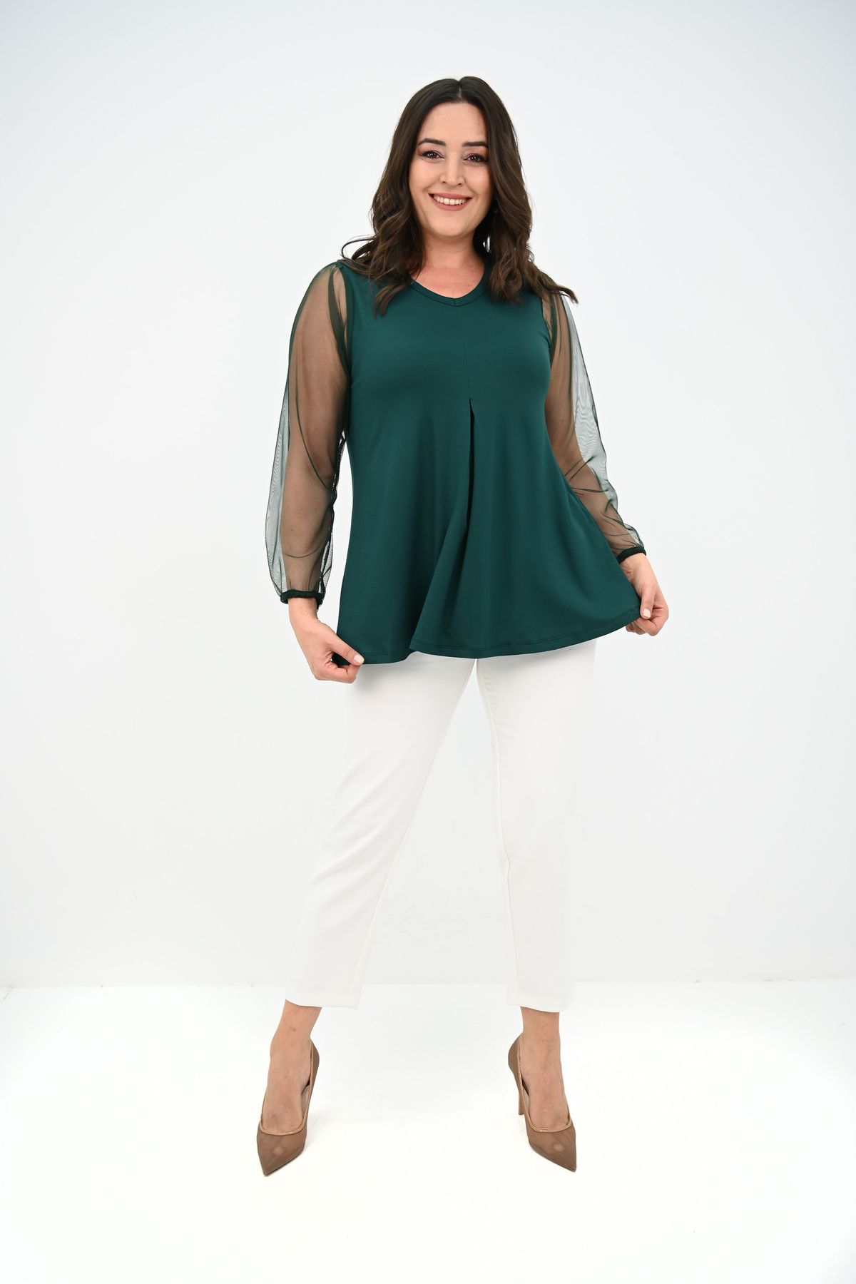 Koza Butik-Women's Plus Size Pleated V Neck Tulle Detail Blouse 1857-25 4