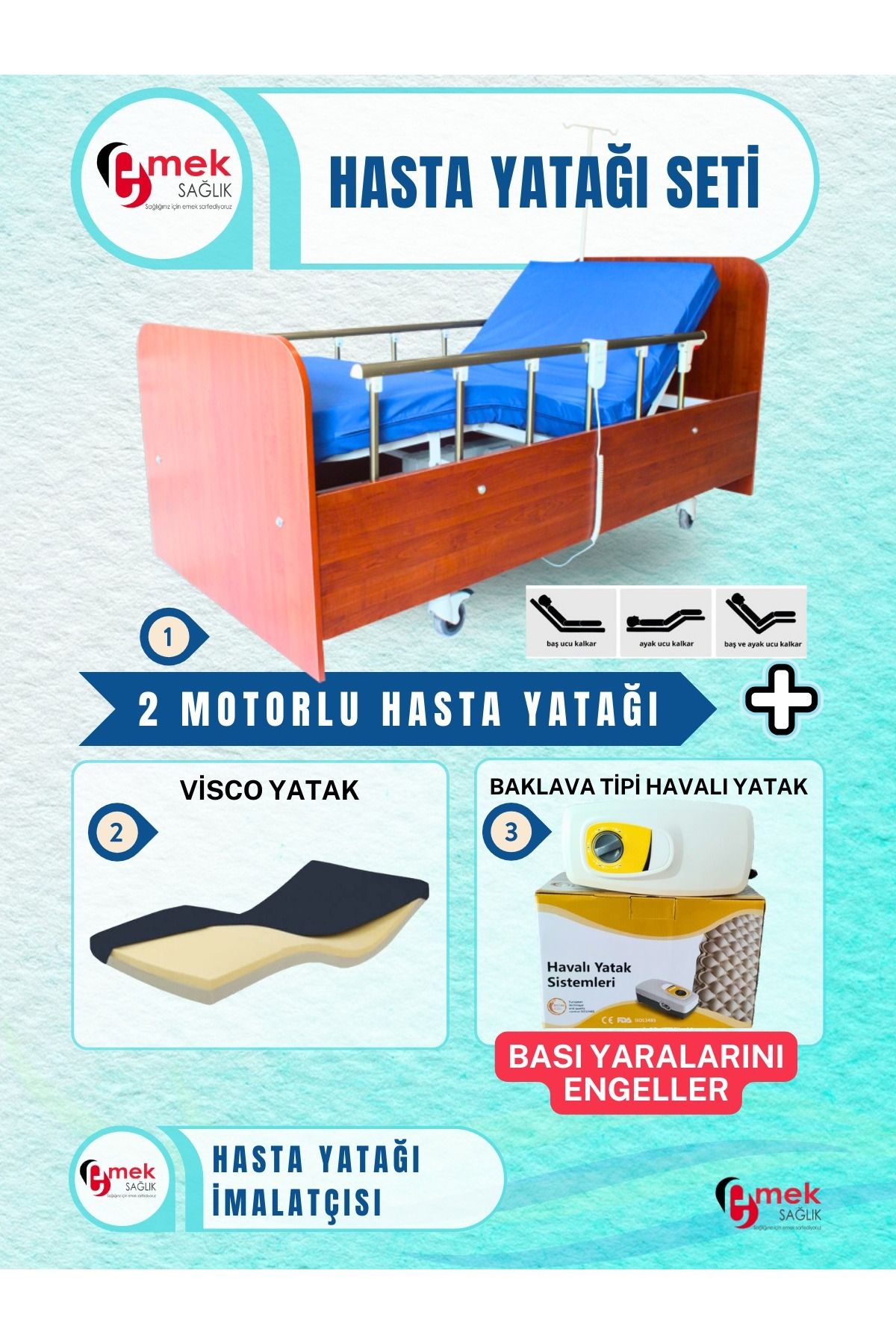 emek sağlık 2 Motorlu Ahşap Hasta Karyolası + Visco Yatak + Baklava Tipi Havalı Yatak Takım