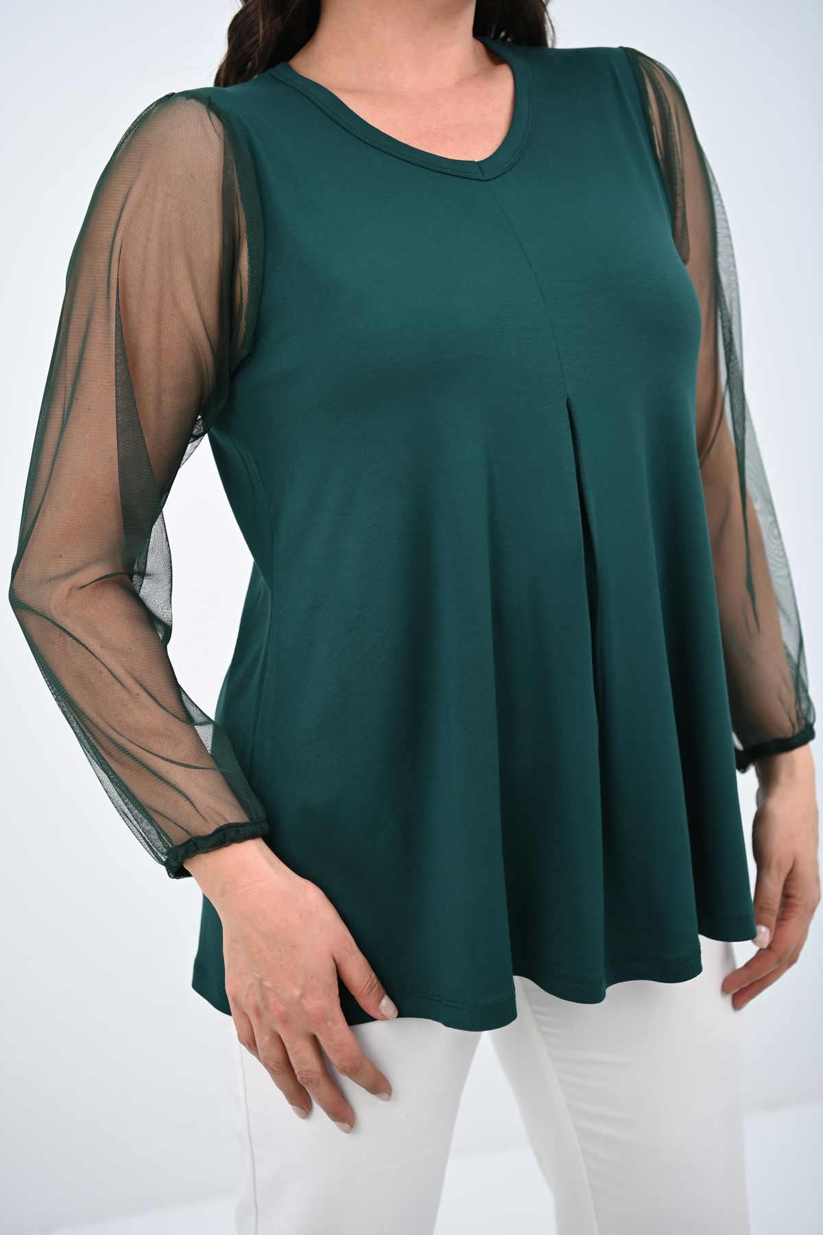 Koza Butik-Women's Plus Size Pleated V Neck Tulle Detail Blouse 1857-25 6