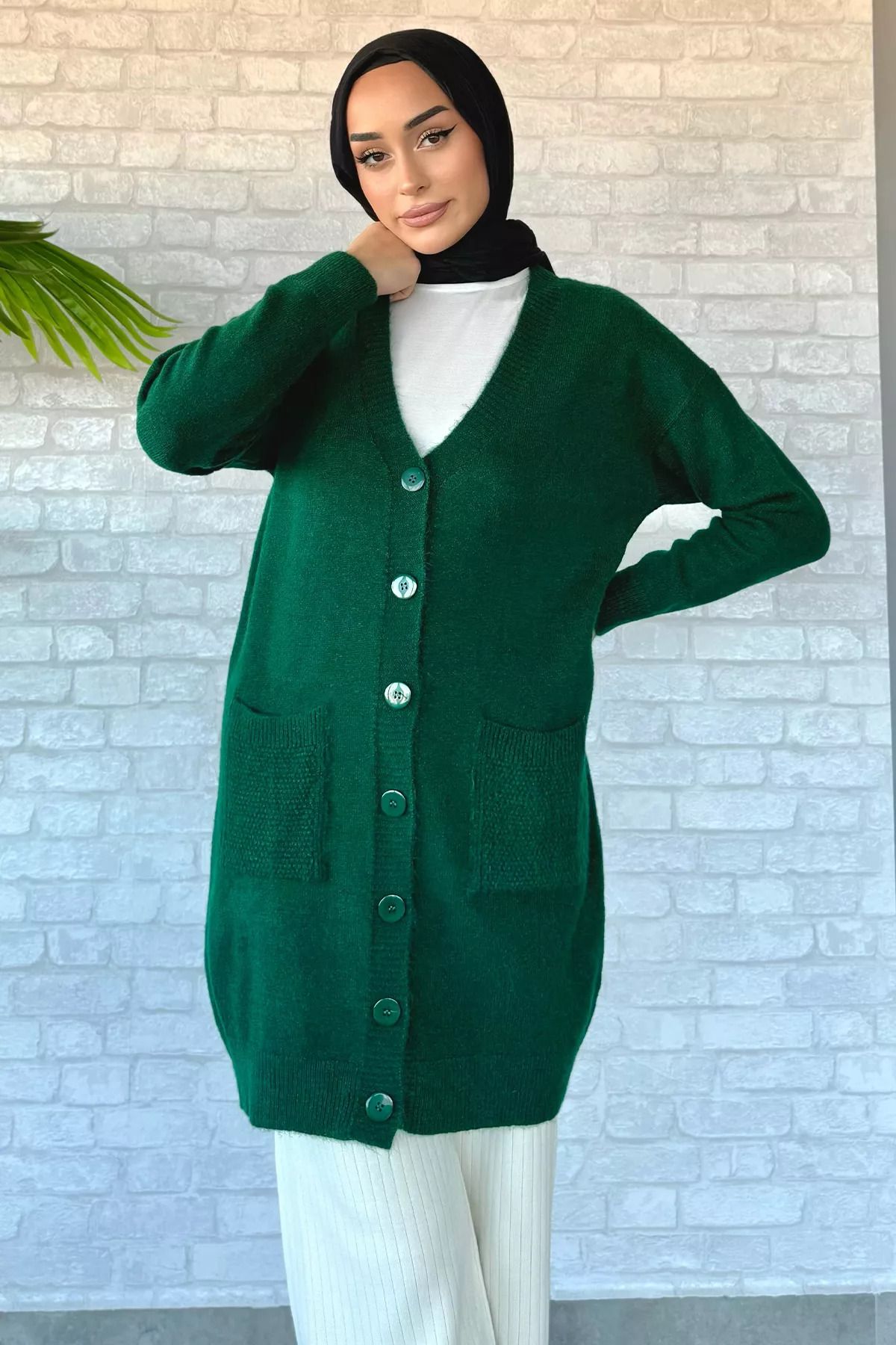 julude-Verde smarald pentru femei Hijab Buzunar Tricotaj Cardigan 1