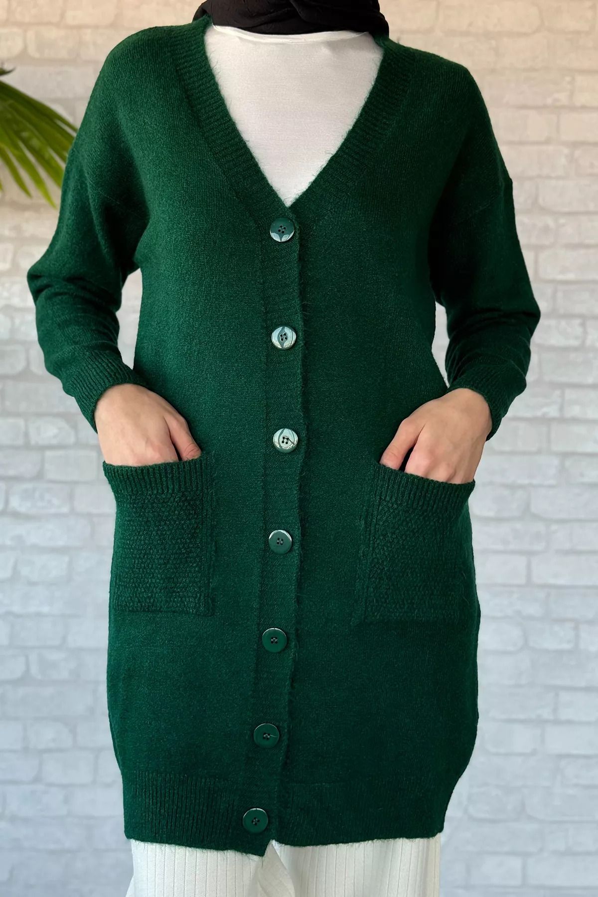 julude-Verde smarald pentru femei Hijab Buzunar Tricotaj Cardigan 7