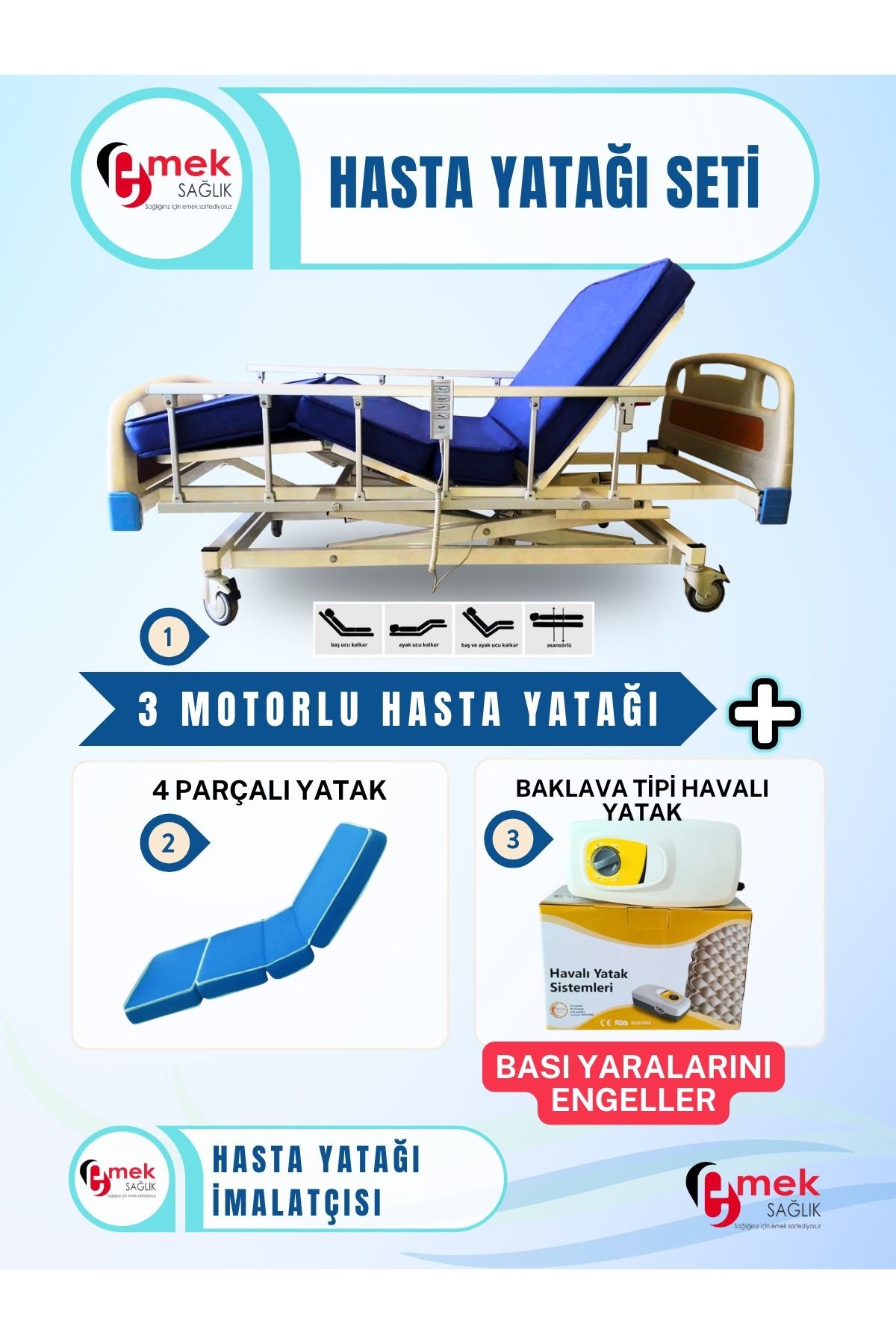 emek sağlık 3 Motorlu ABS Başlıklı Tabanca Korkuluklu Hasta Karyolası+4 Parçalı Yatak+Baklava Tipi Havalı Yatak