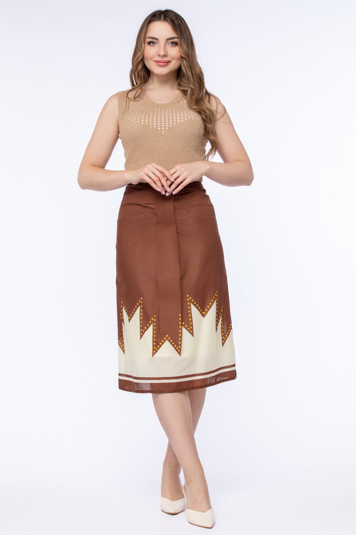 RİNA-Terracotta Sunrise Midi Skirt Brown 1