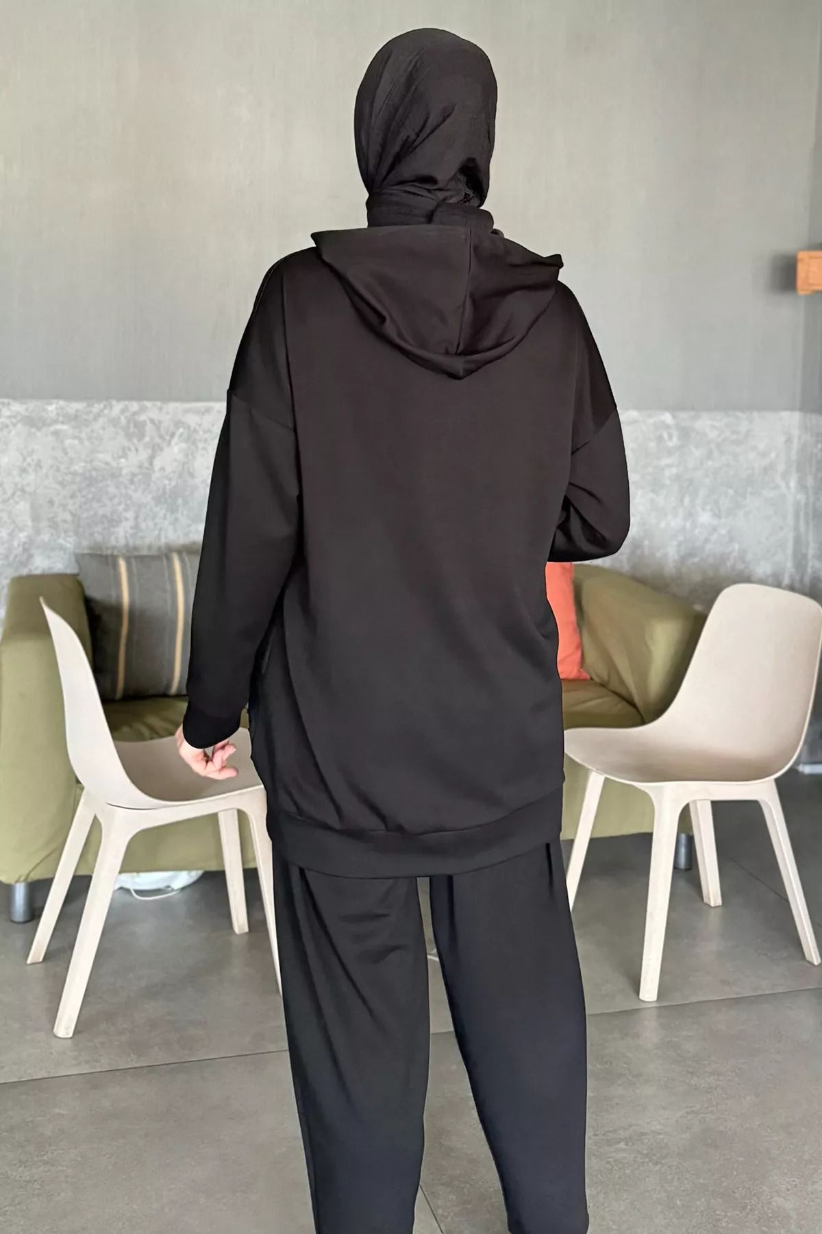 julude-Black Jeans Garnished Jacket Pants Hijab Double Set 8