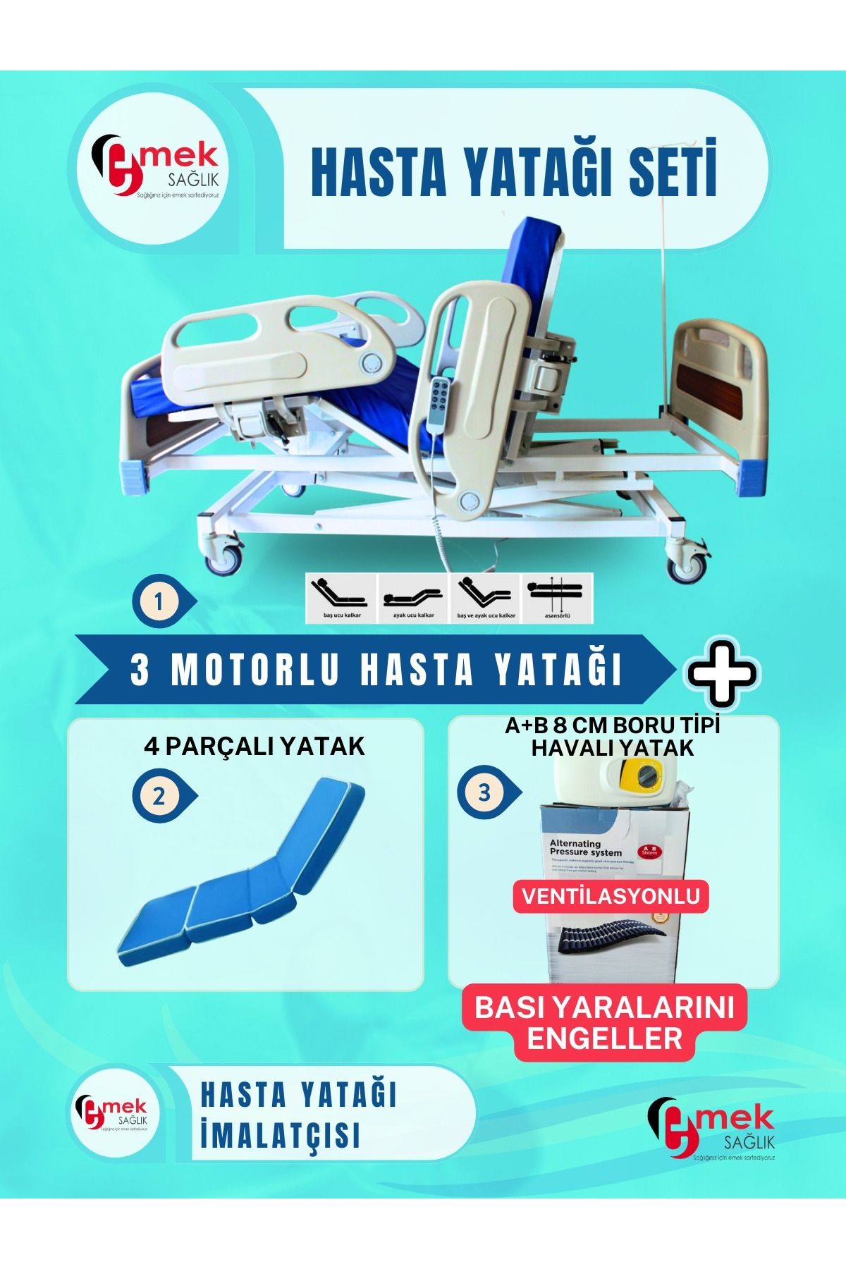 emek sağlık 3 Motorlu Full Abs Hasta Karyolası + 4 Parçalı Yatak + A+B 8 cm Boru Tipi Havalı Yatak Takım