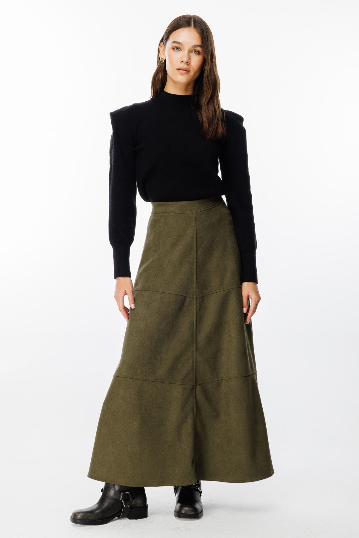 Hooopstore-Suede Suede Khaki Long Skirt 2