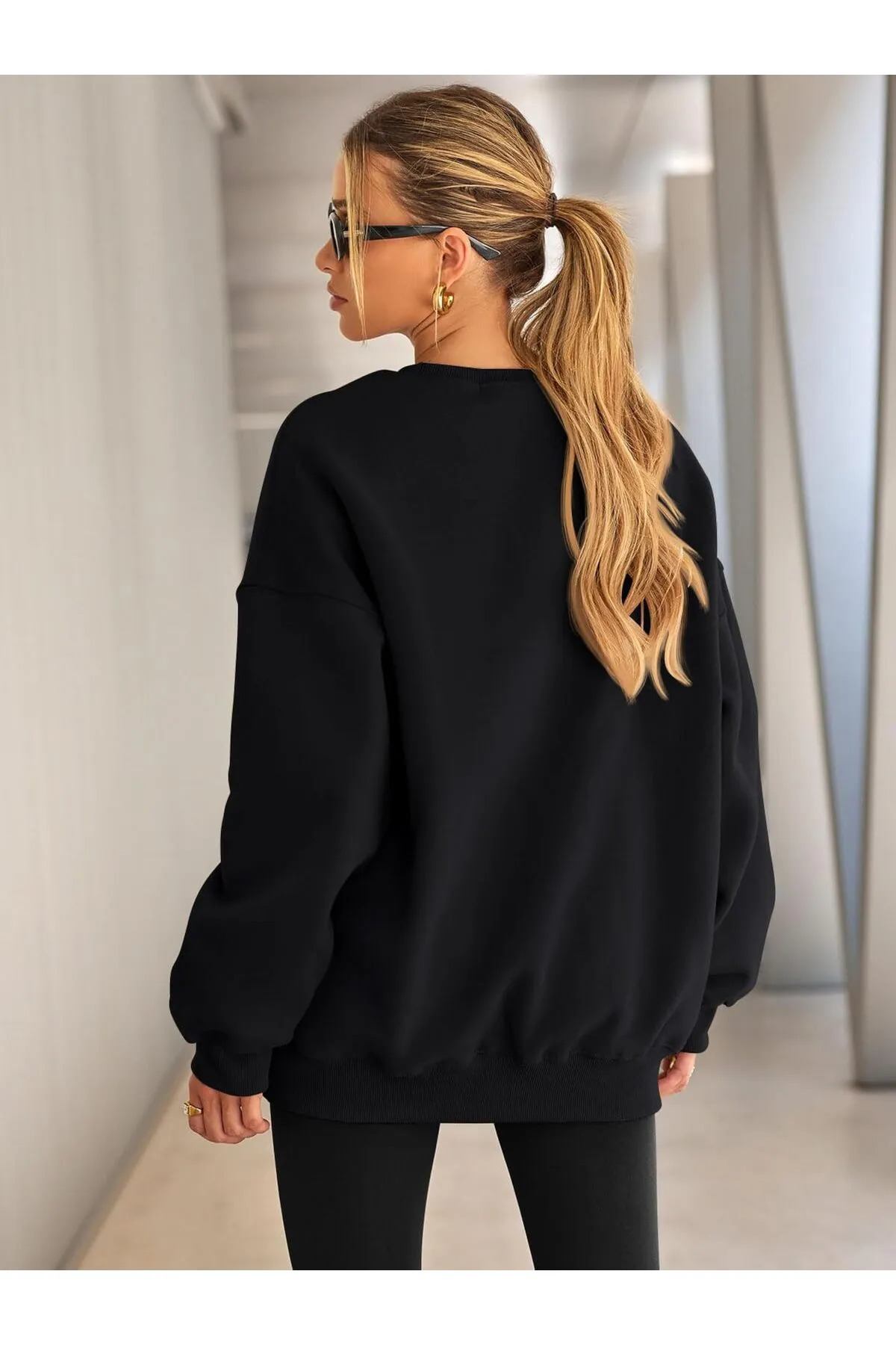 Giyyin Siyah Baskısız Oversize Kadın Sweatshirt Üç İplik İçi Şardonlu görsel 3