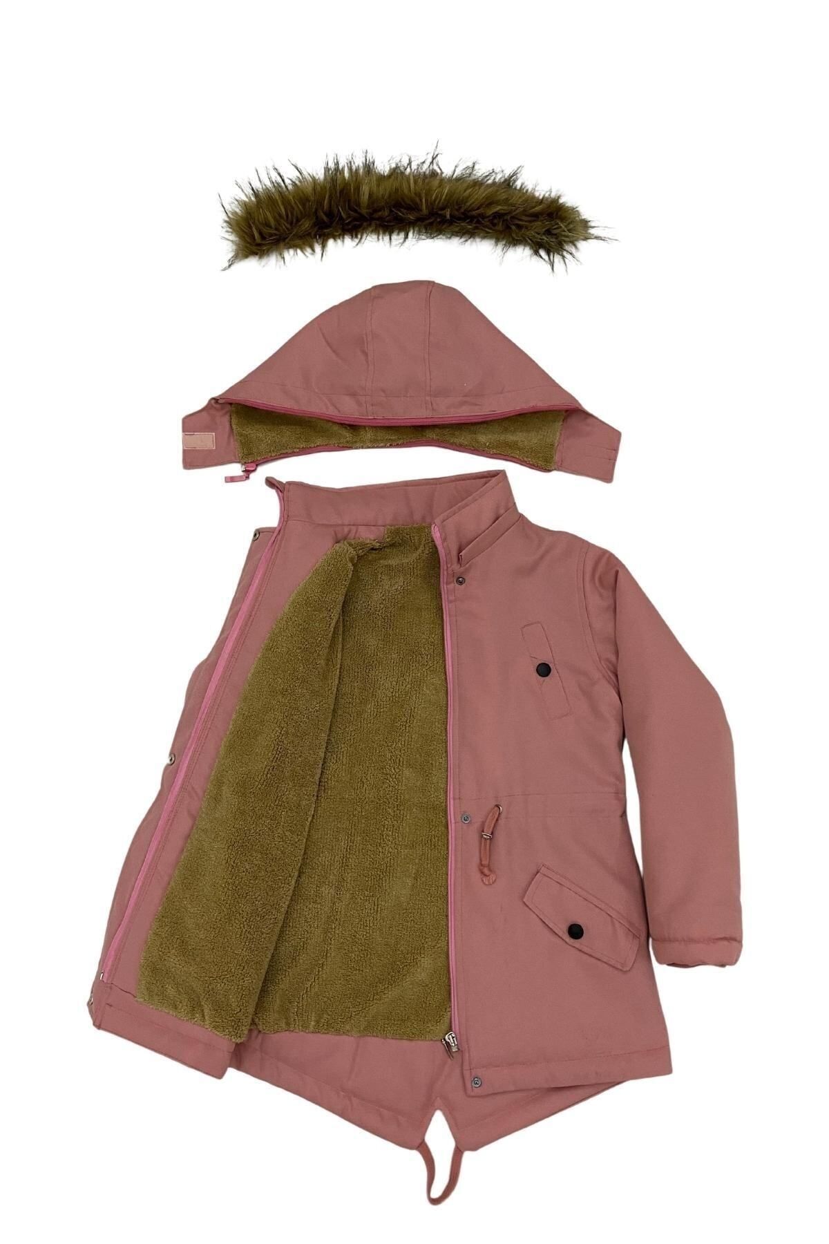 Asortik Kids-Children's Winter Canvas Fabric Drawstring Above Knee Fur Hooded Coat 7