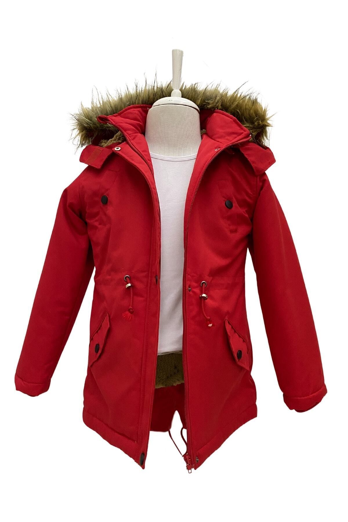 Asortik Kids-Unisex Children's Winter Canvas Fabric Drawstring Above Knee Fur Hooded Coat 1