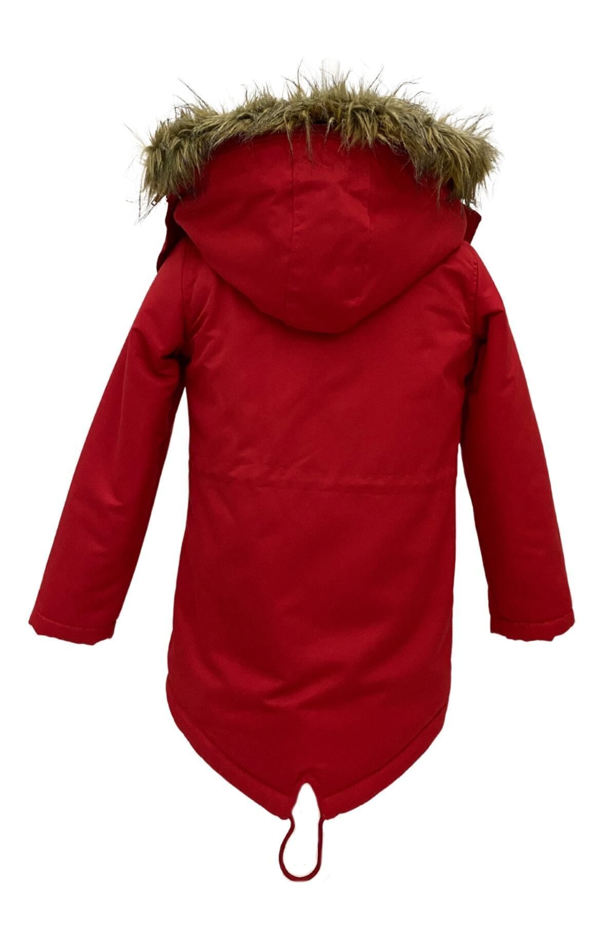 Asortik Kids-Unisex Children's Winter Canvas Fabric Drawstring Above Knee Fur Hooded Coat 5