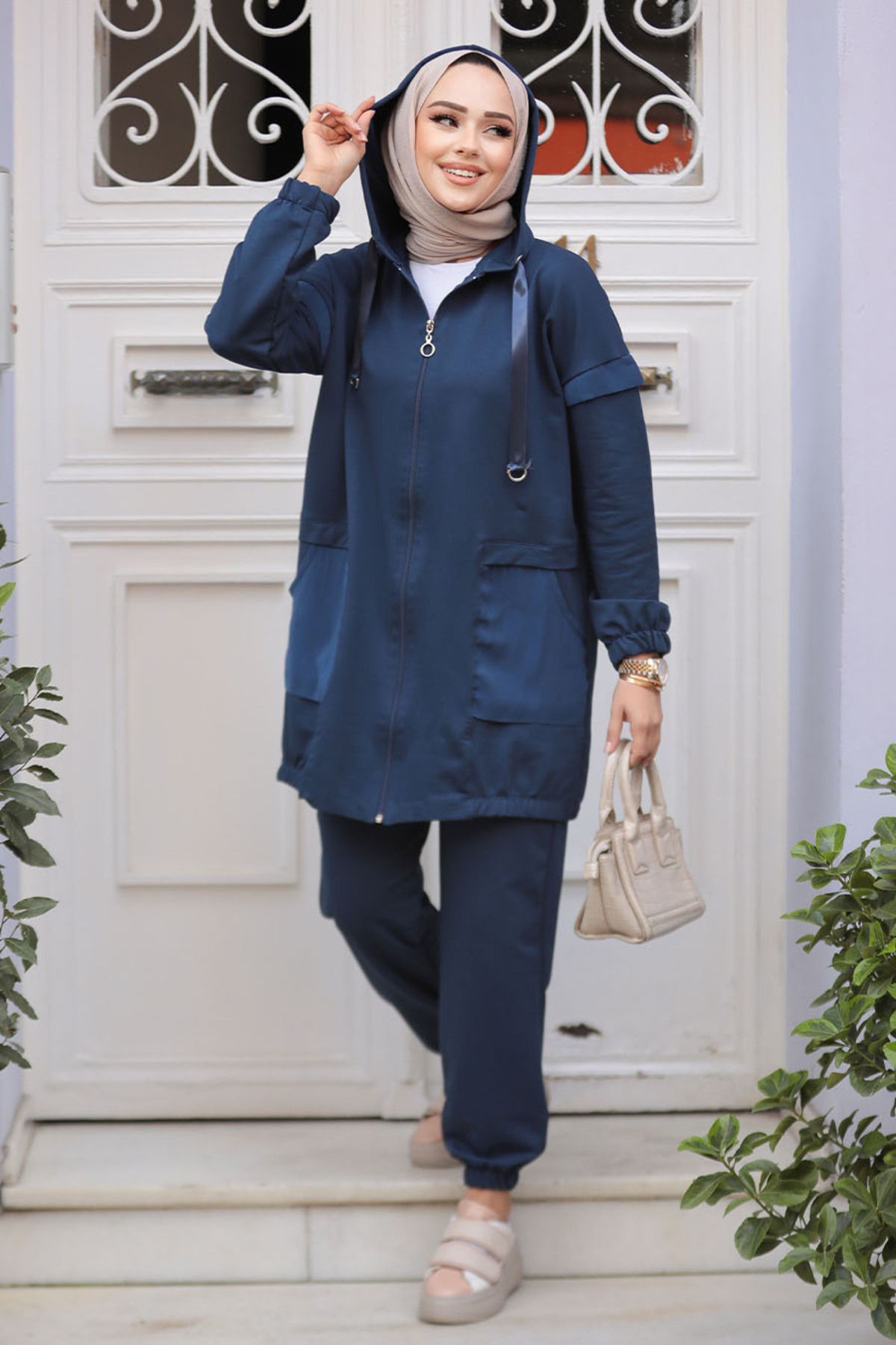 Neva Style-Navy Blue Hooded Hijab Double Set - 20072L 1