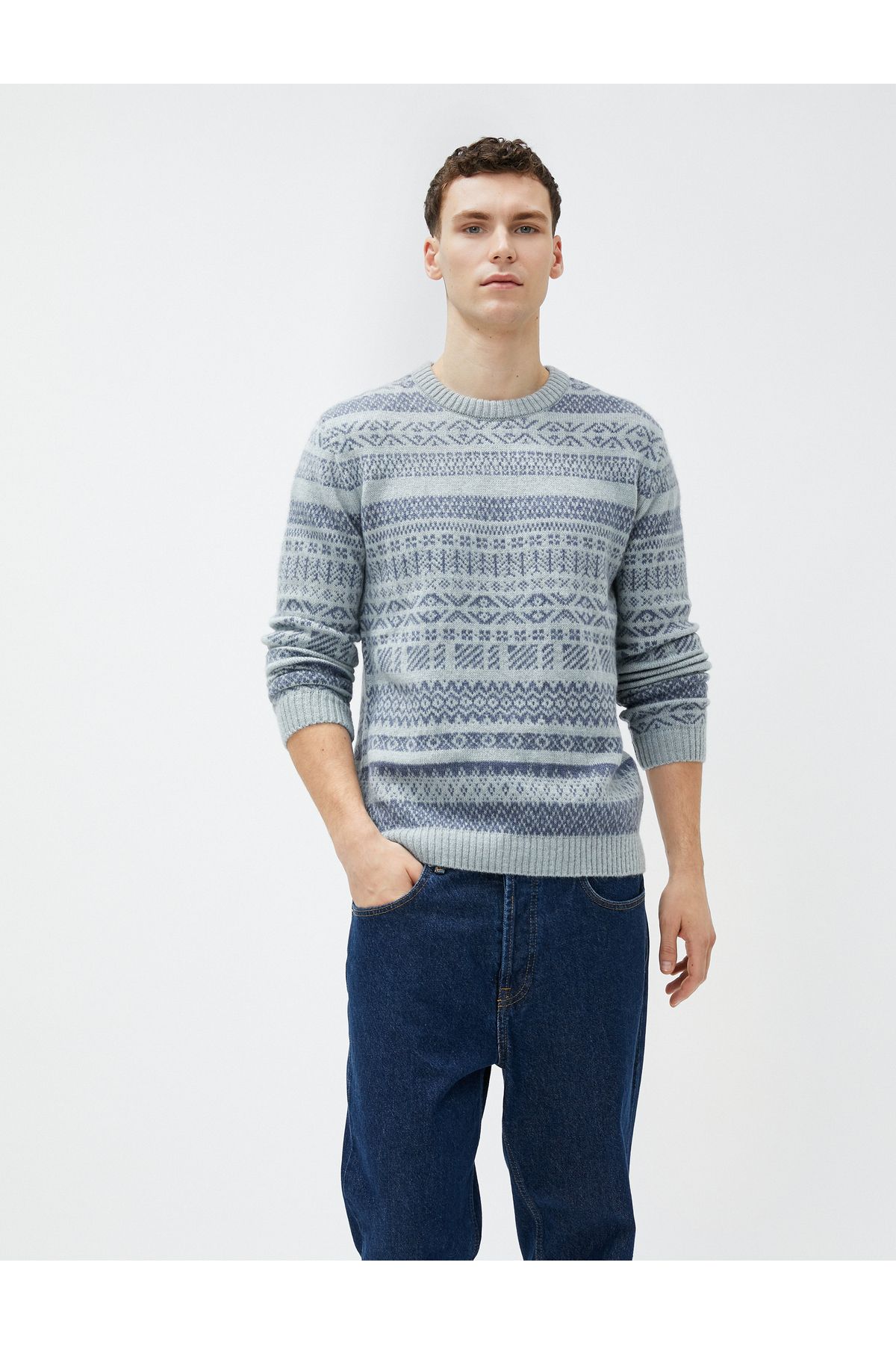 Koton-Men's Blue Patterned Sweater 1