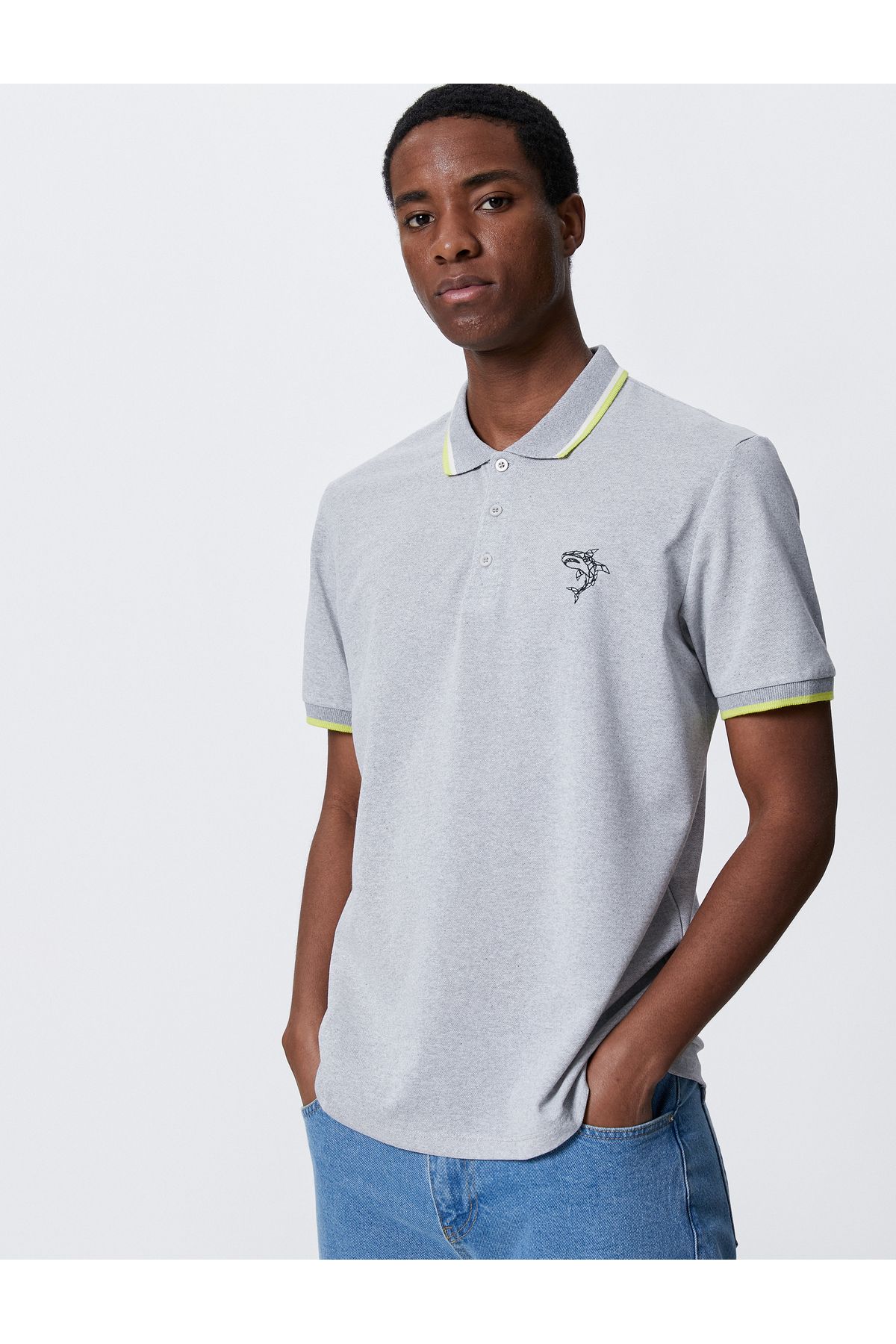 Koton-Tricou cu gât polo - cu model rechin, cu nasturi cu coaste 1