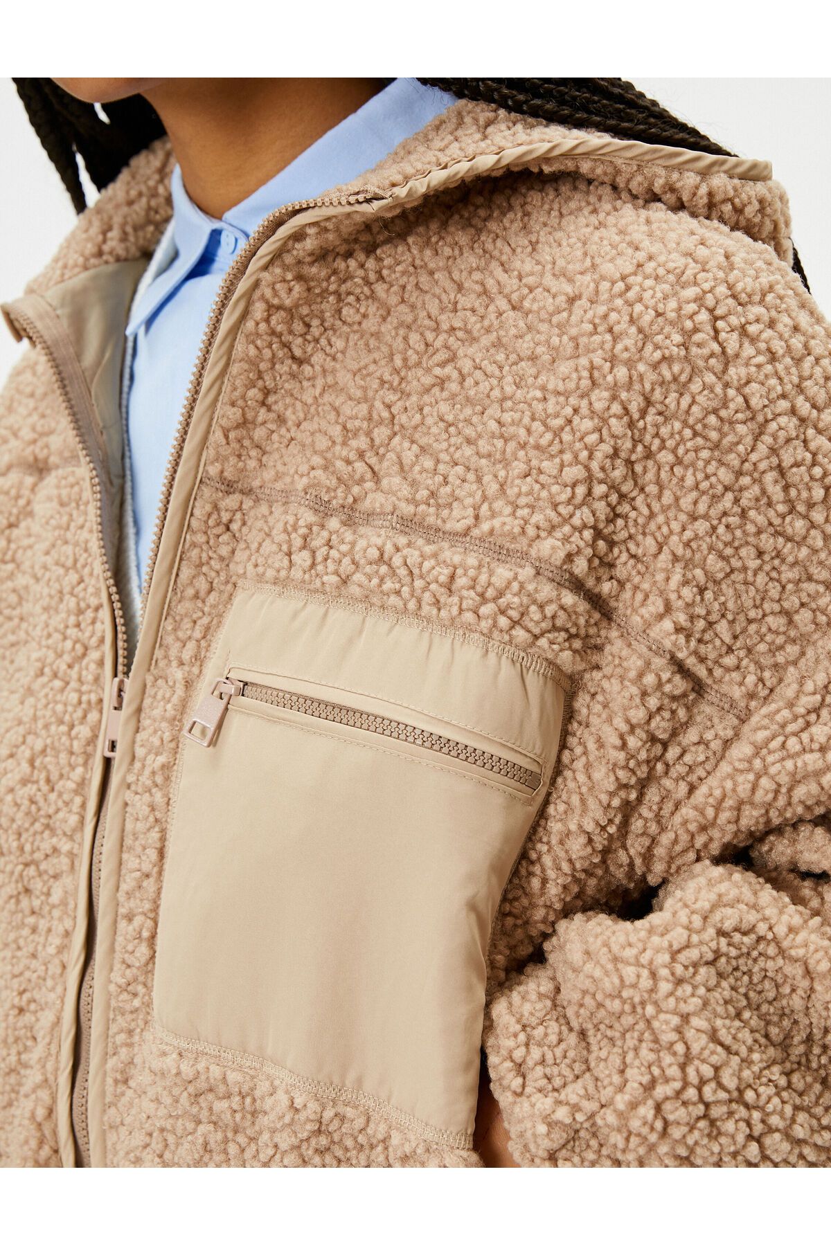 Koton-Hooded Plush Jacket with Zipper and Two Different Fabric Pockets 5