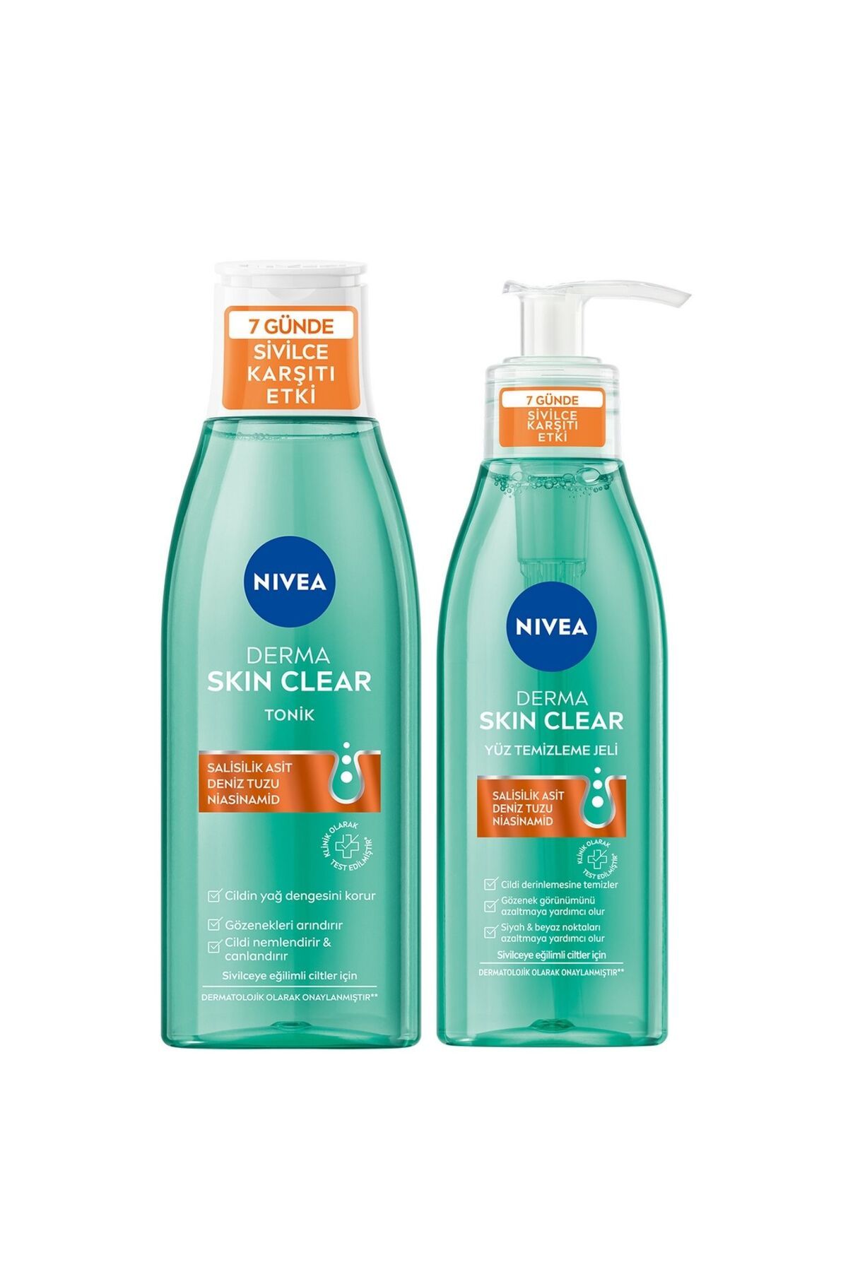 NIVEA Derma Skin Clear Sivilce Karşıtı Yüz Temizleme Jeli 150ml Ve Nemlendirici Tonik 200ml, Karma Ciltler