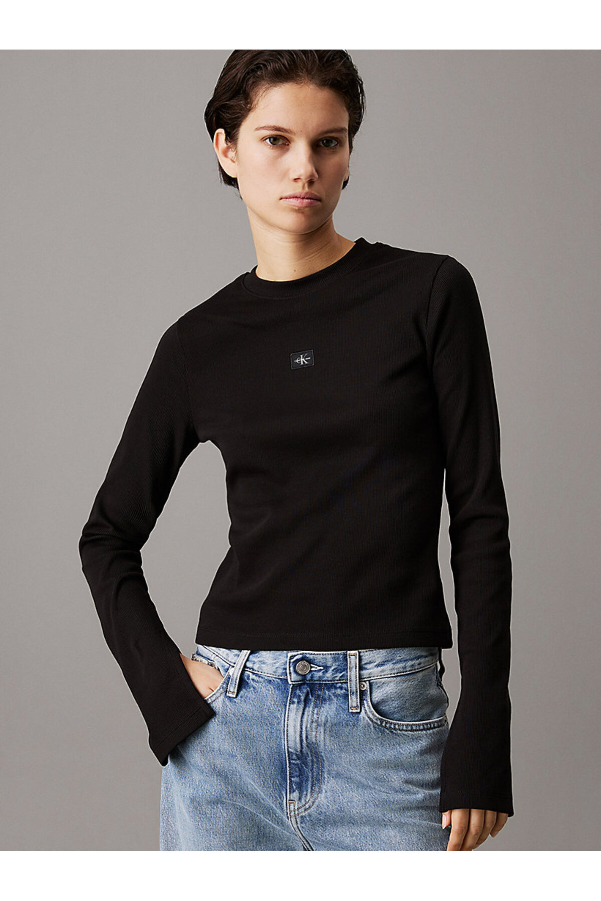 WOVEN LABEL RIB LS TOP
