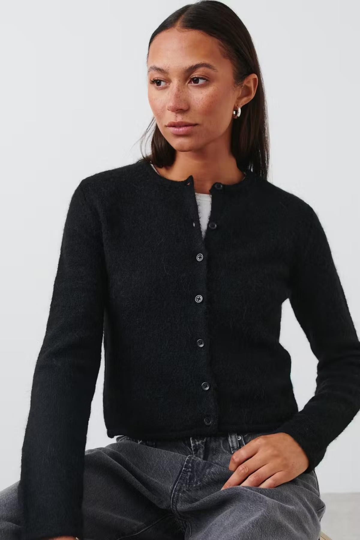 Madmext-MG2151 Model Czarny Dzianinowy CarDigan - Zapinany na guziki 2