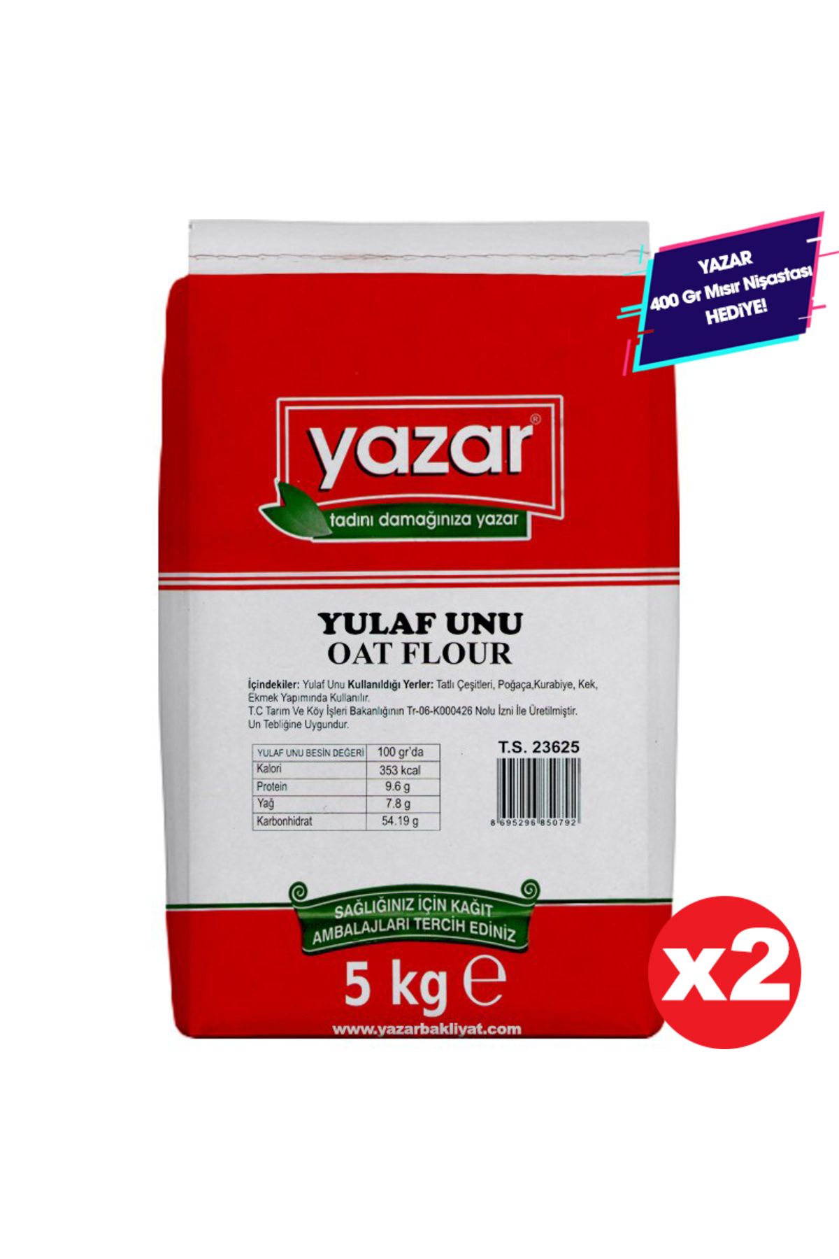 YAZAR 5 Kg x 2 Paket Taş değirmende Öğütülmüş Yazar Yulaf Unu