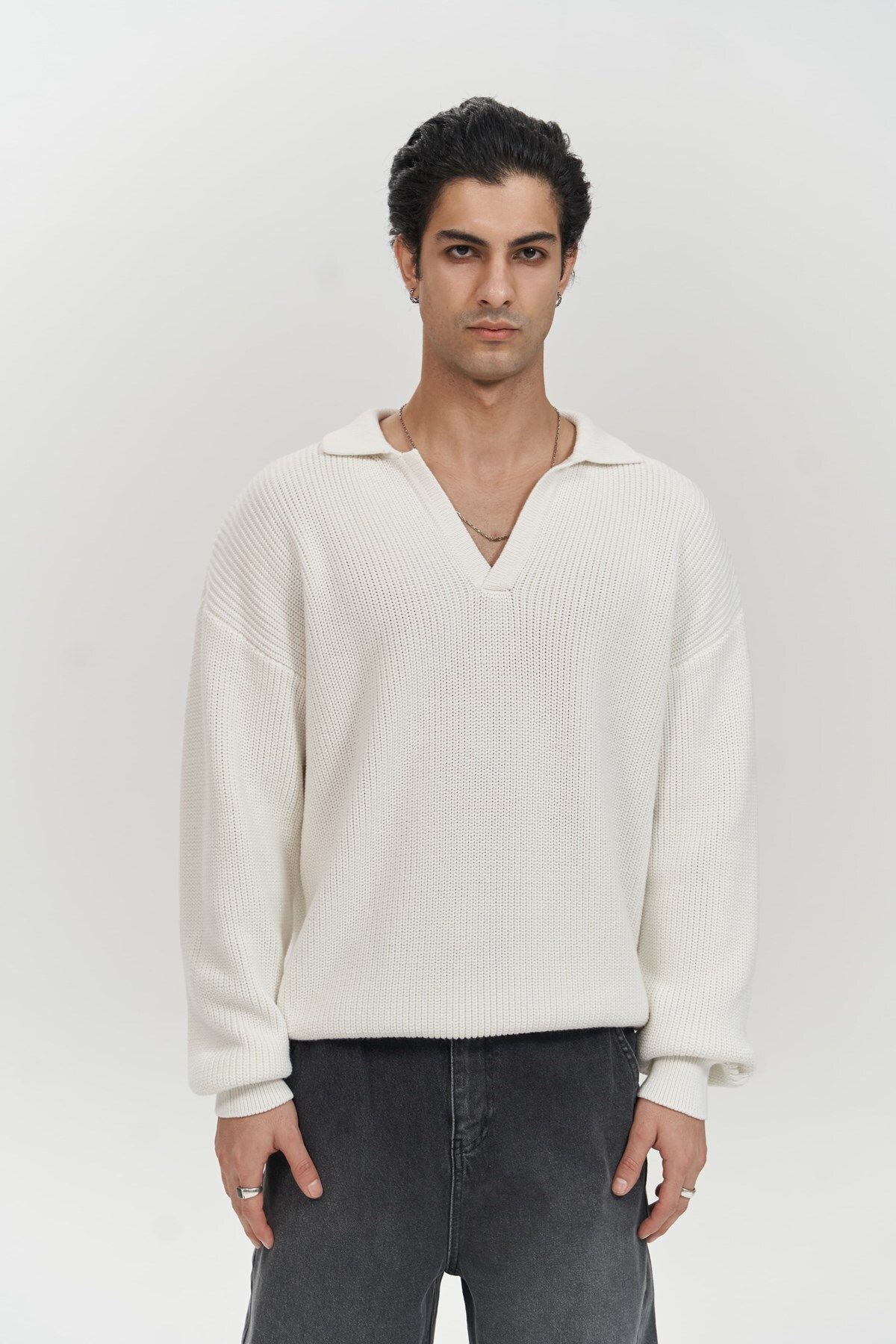 MAİ COLLECTİON-Magnus Polo Collar Ecru Men's Knitwear Sweater 2