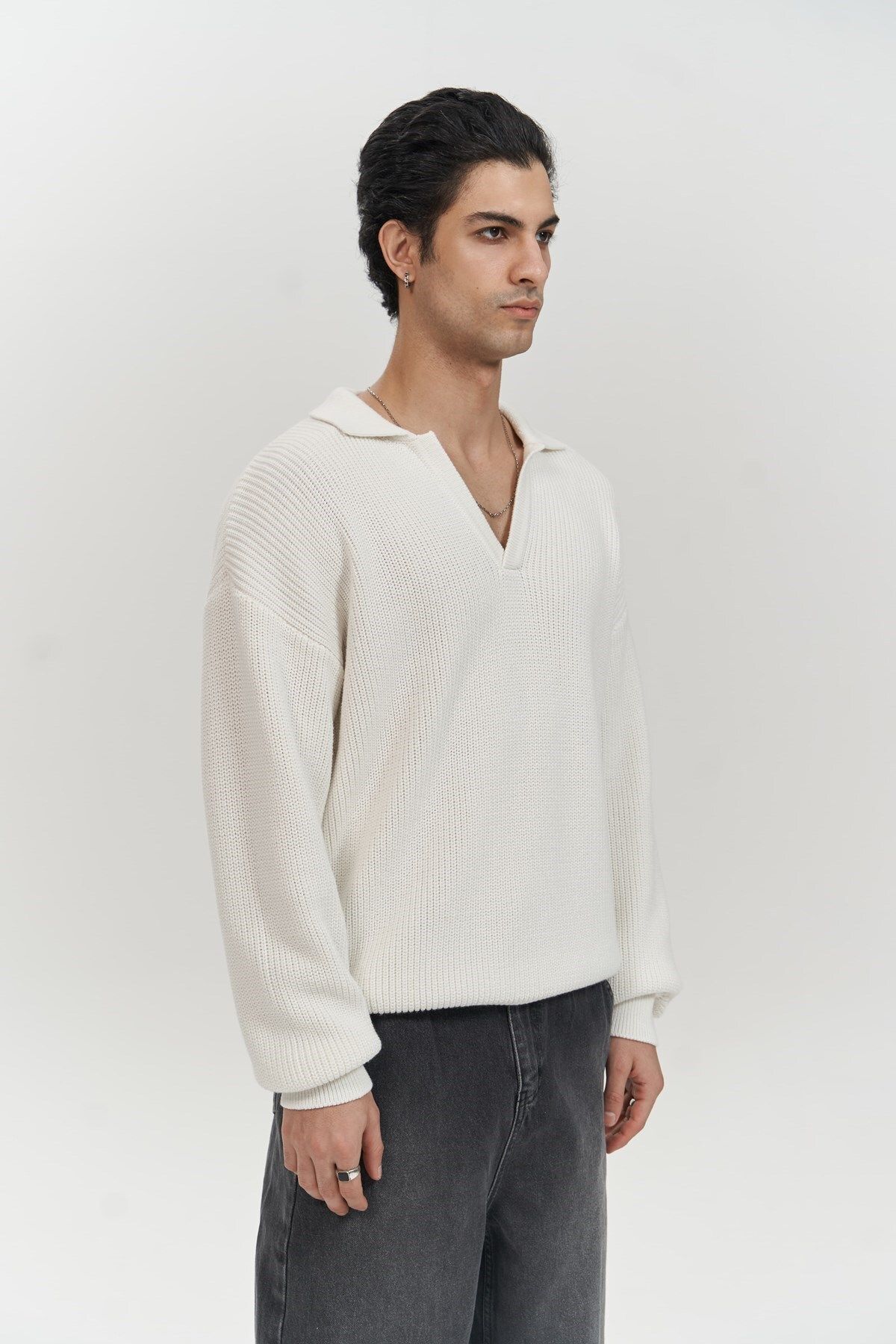 MAİ COLLECTİON-Magnus Polo Collar Ecru Men's Knitwear Sweater 3