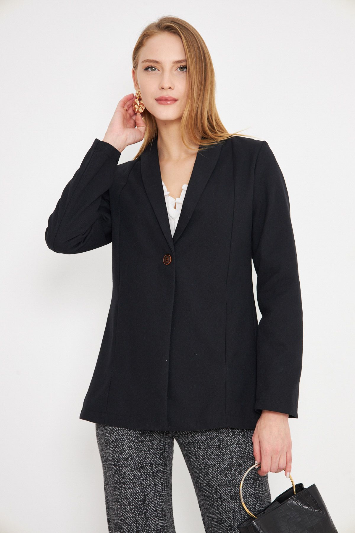 armonika-Women's Black Shawl Collar Waist Fitting Pocket Detail Single Button Jacket Arm-25K 001031 3