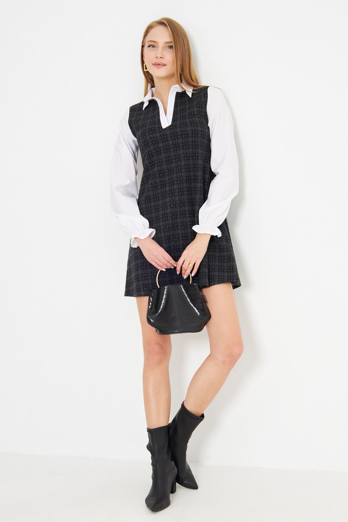 mini robe à manches longues avec col chemise anthracite arm 25k001050