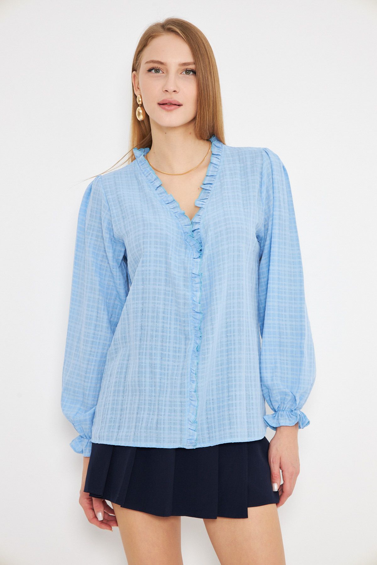 armonika-Baby Blue Ruffle Neckline and Rubber Sleeves Long Blouse - Arm-25K 001030 3