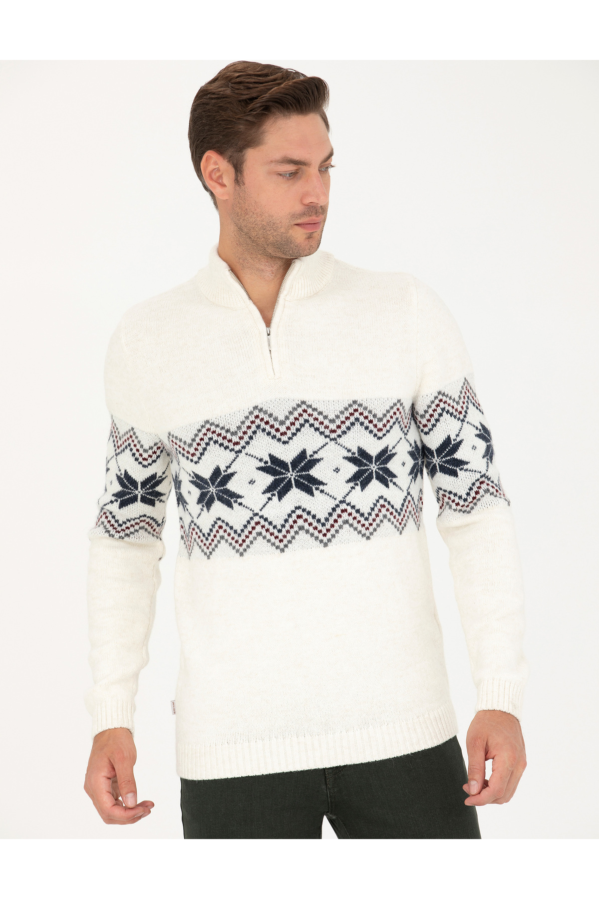 پیر کاردین ژاکت بافتنی یقه پولو زیپ دار Ecru Slim Fit 50279502-VR019