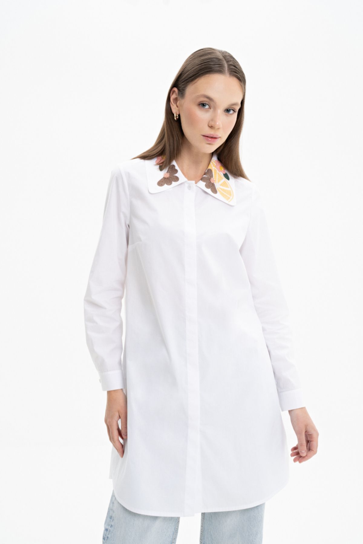 Aker-Poplin Shirt Tunic - Collar with Flower Embroidery 1