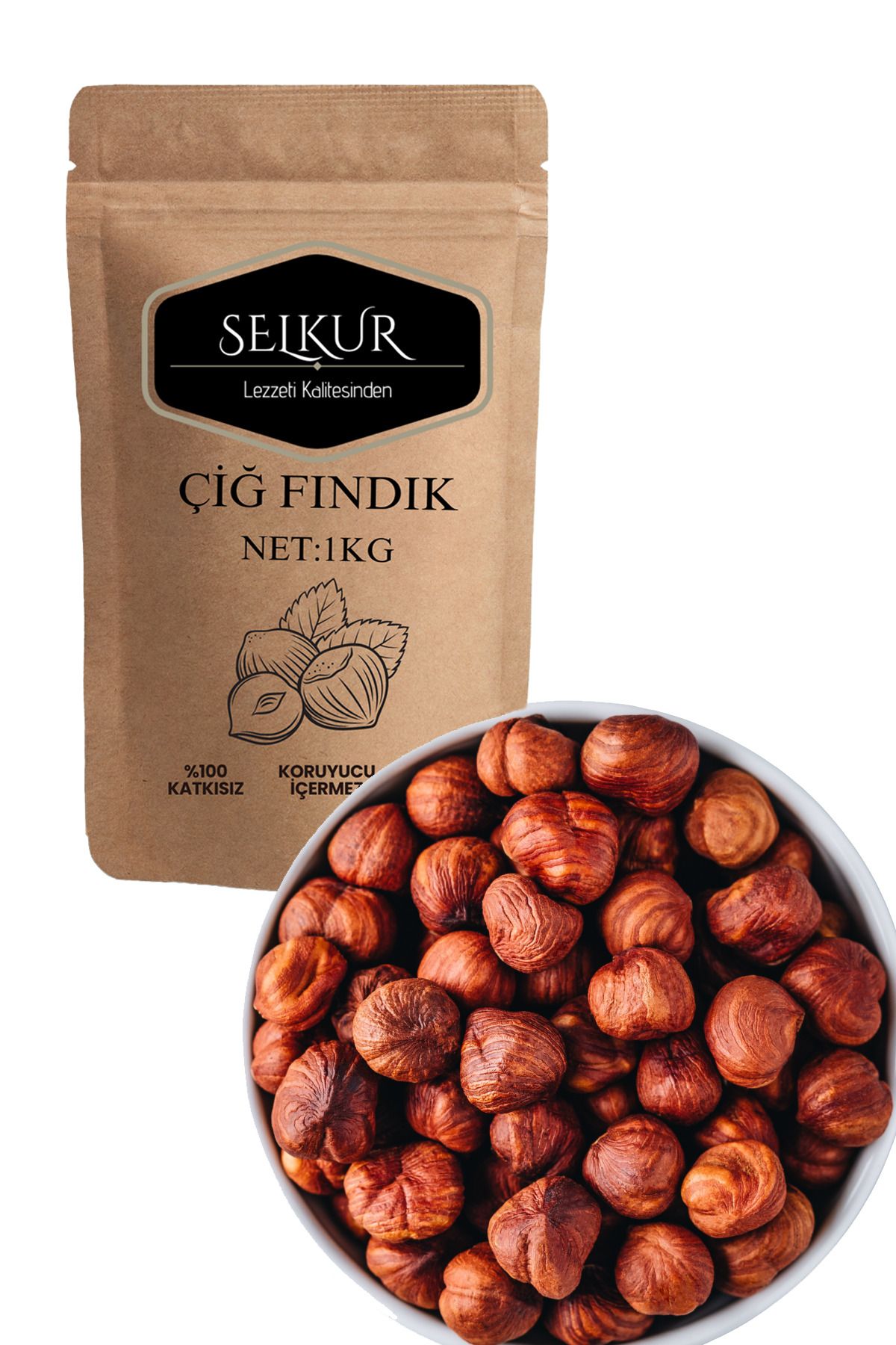 SELKUR Çiğ Fındık 1kg Doypack Ambalaj Iri Tane