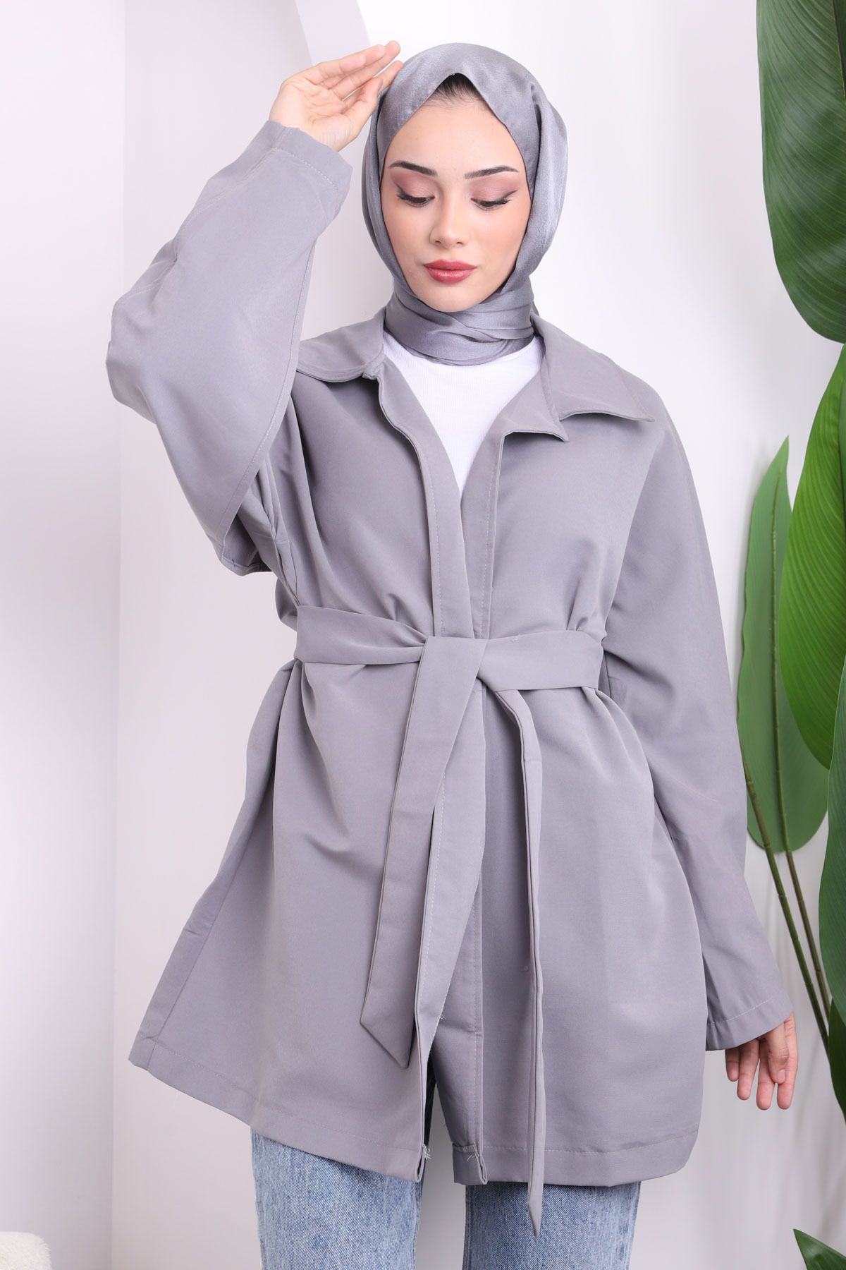 İmajButik-Gray Cape Belted Trench Coat 3