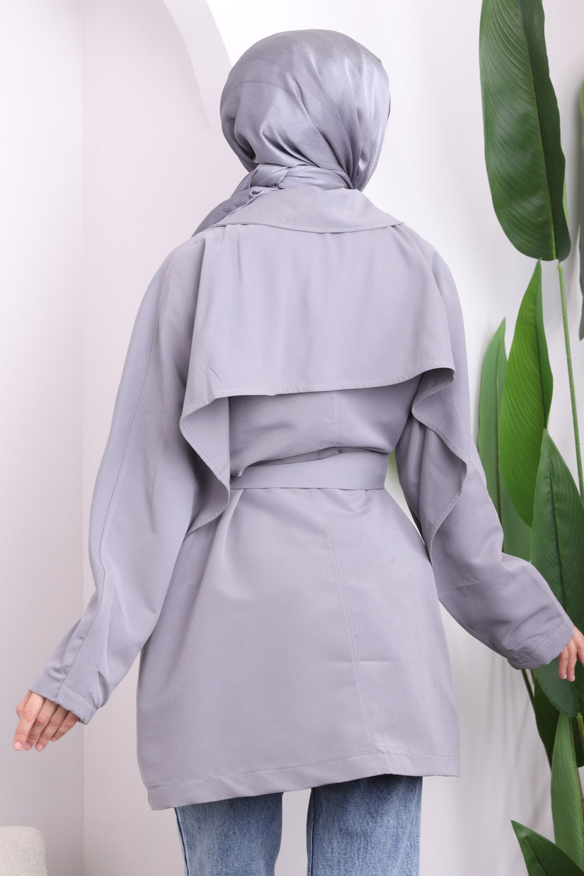 İmajButik-Gray Cape Belted Trench Coat 4