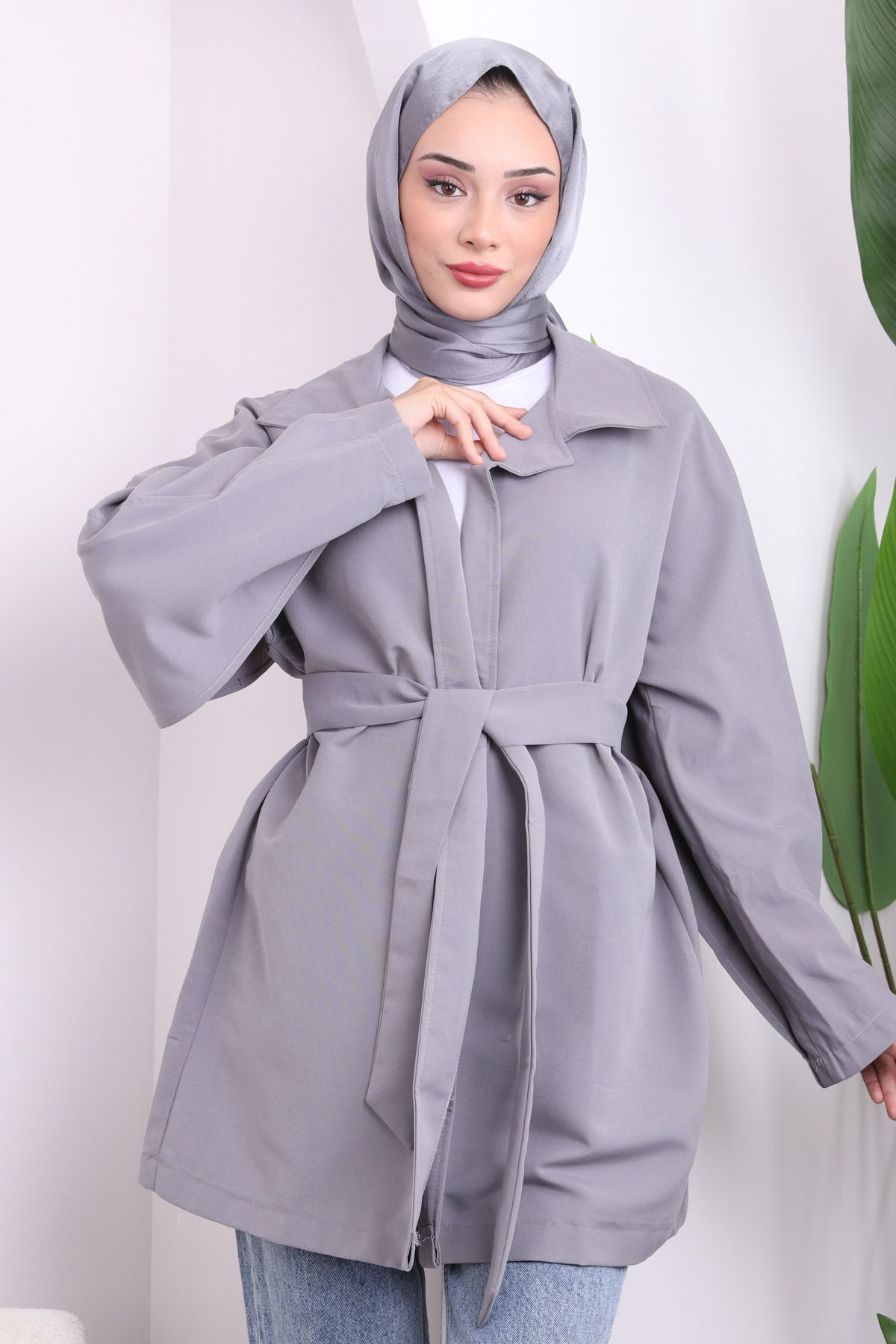 İmajButik-Gray Cape Belted Trench Coat 1