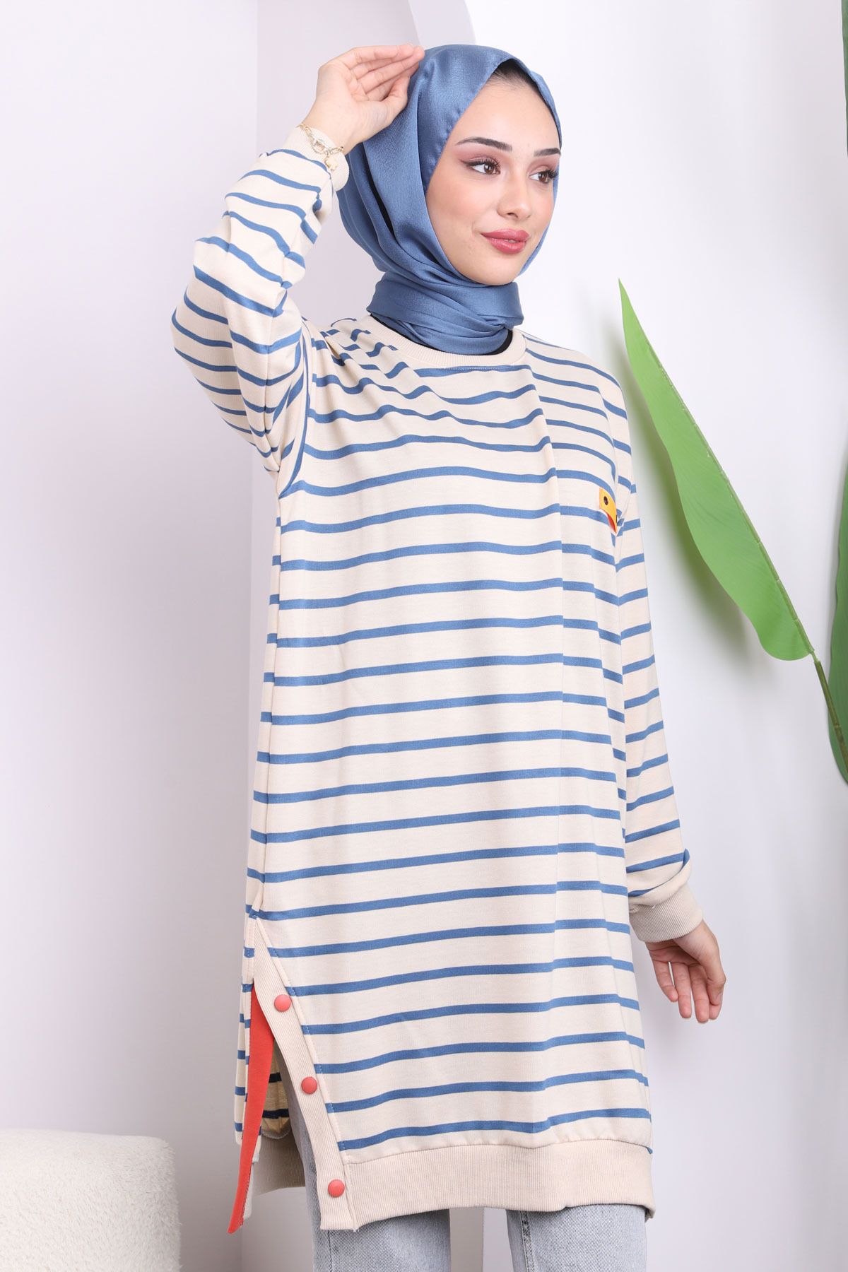 İmajButik-Indigo Striped Tunic with Snap Detail on Skirt 3