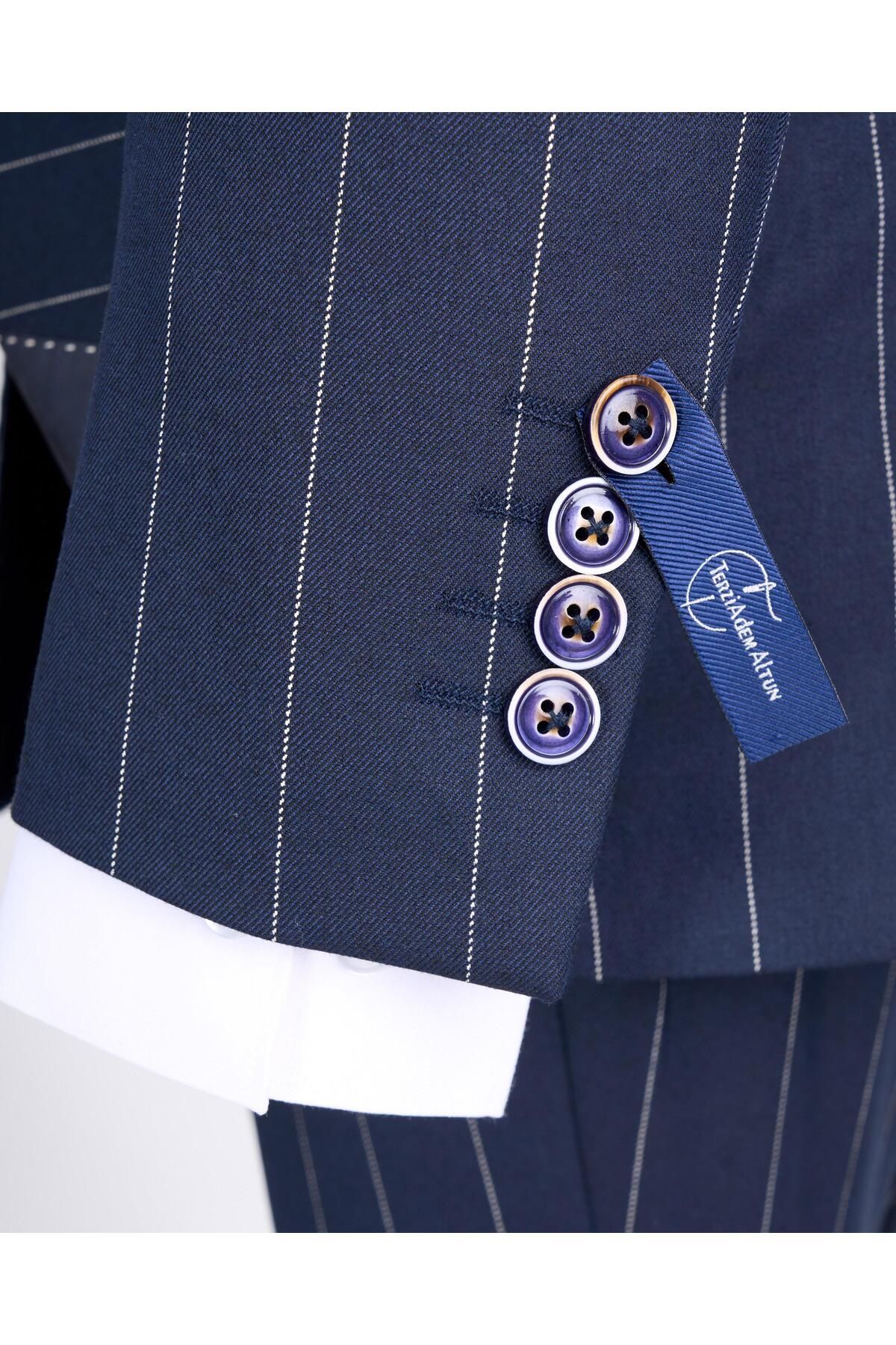 TerziAdemAltun-Navy Blue Italian Style Double Breasted Jacket and Trousers Set - T13301 8