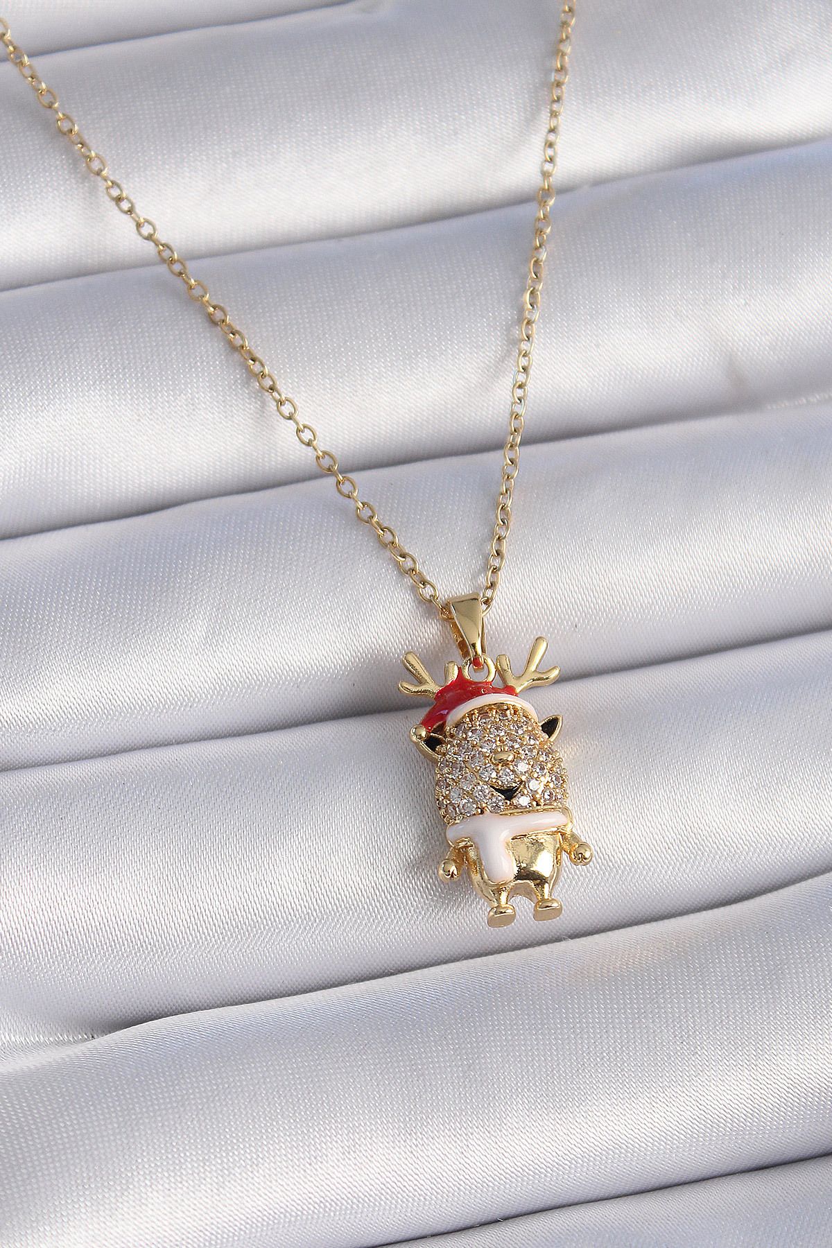 MMB Boutique 316L Çelik Gold Renk Zirkon Taşlı Yılbaşı Temalı Ren Geyiği Figür Kadın Kolye