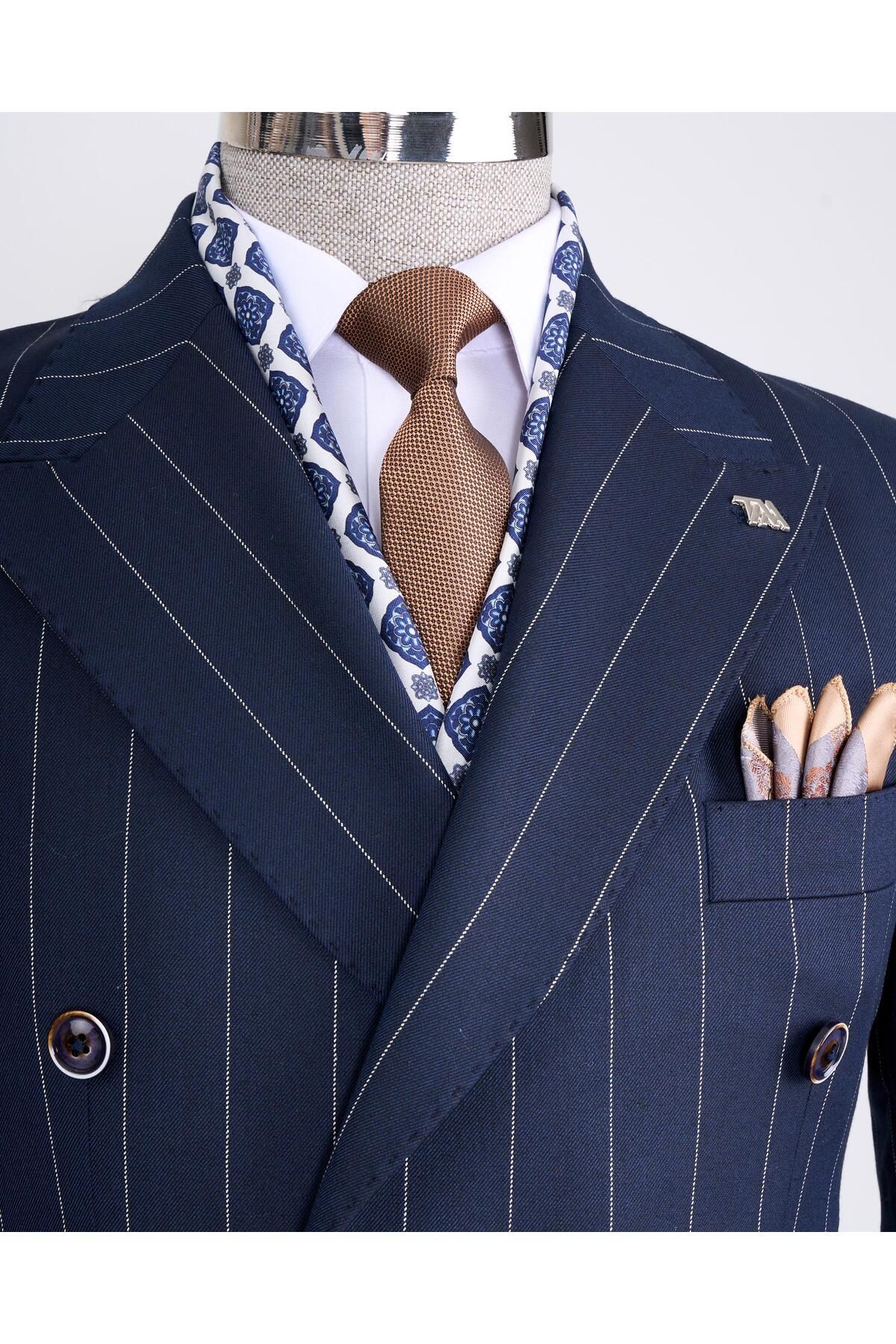 TerziAdemAltun-Navy Blue Italian Style Double Breasted Jacket and Trousers Set - T13301 2