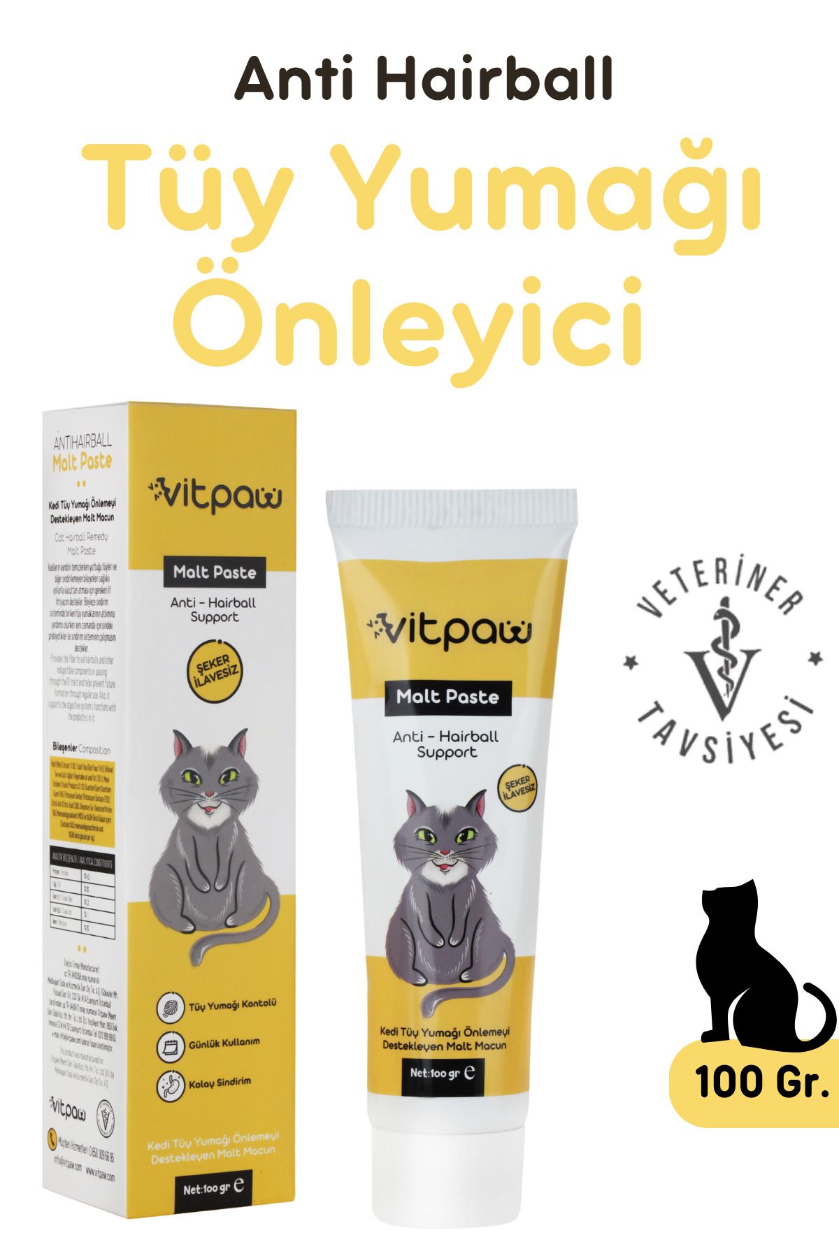 vitpaw Malt Paste 100 Gr.(KEDİLER İÇİN KUSMA VE TÜY YUMAĞI OLUŞUMU ÖNLEYİCİ MALT MACUN) Kedi Maltı