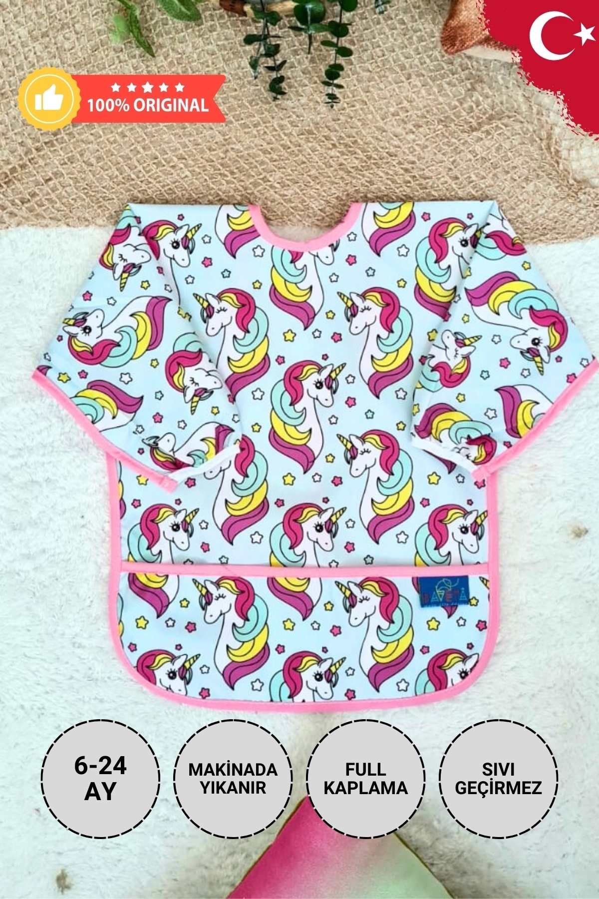 Unicorn Pembe Desenli Sıvı Geçirmez Kız Aktivite ve Mama Önlüğü 6-24 Ay