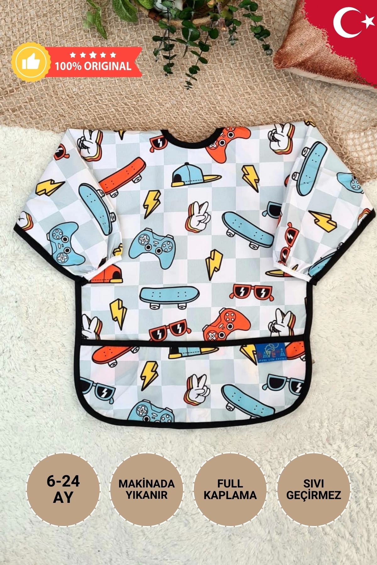 Play Desenli Sıvı Geçirmez Unisex Aktivite ve Mama Önlüğü 6-24 Ay