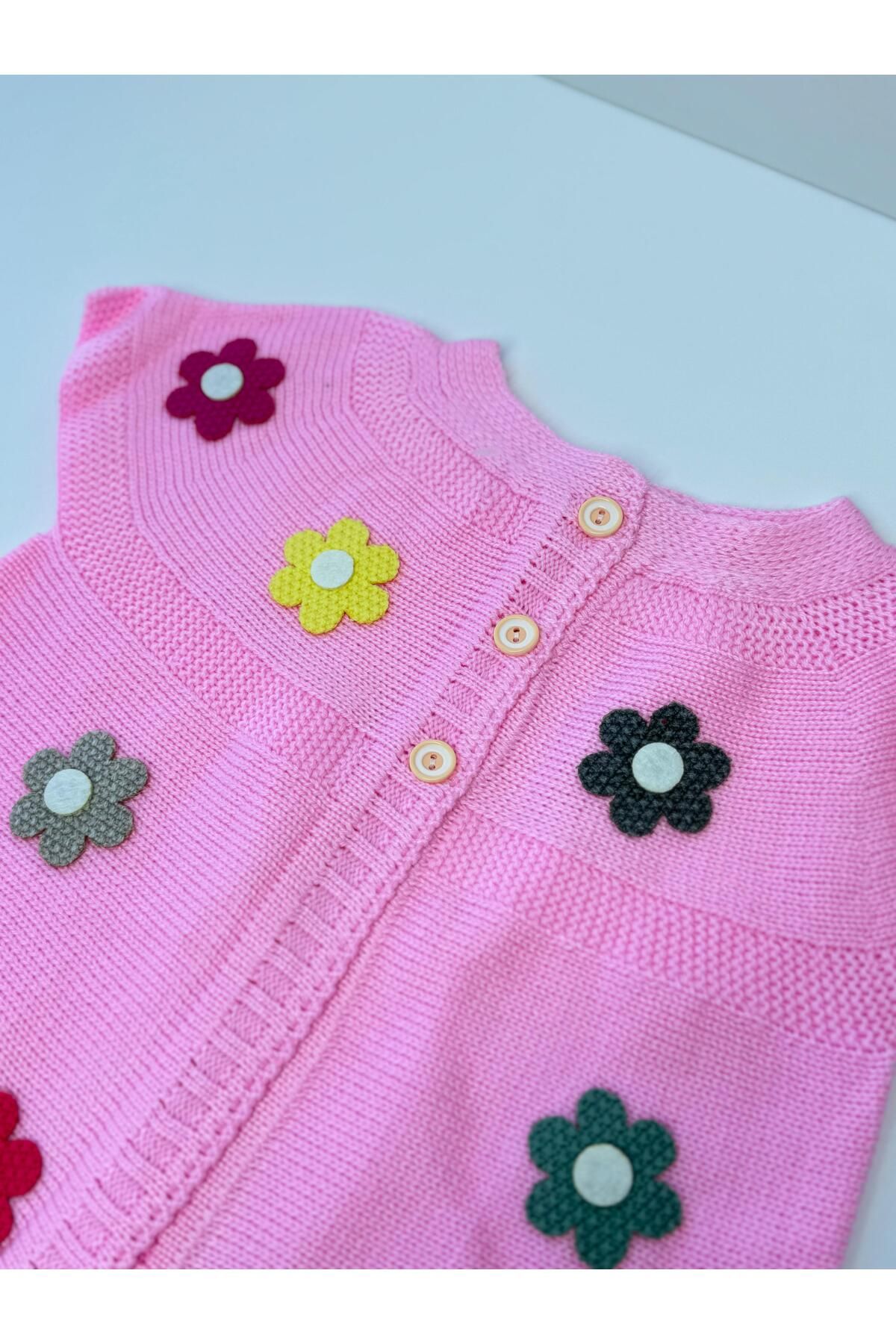 EM&FA TEKSTİL-Floral Girl's Knitwear Vest with Robe 5-8 Years 6