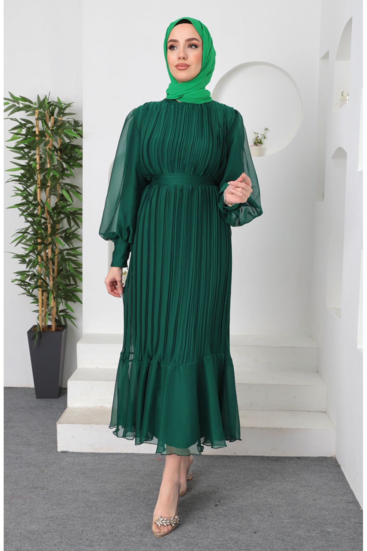 sefamerve-Emerald Green Pleated Janjan Evening Dress - 5510-02 1